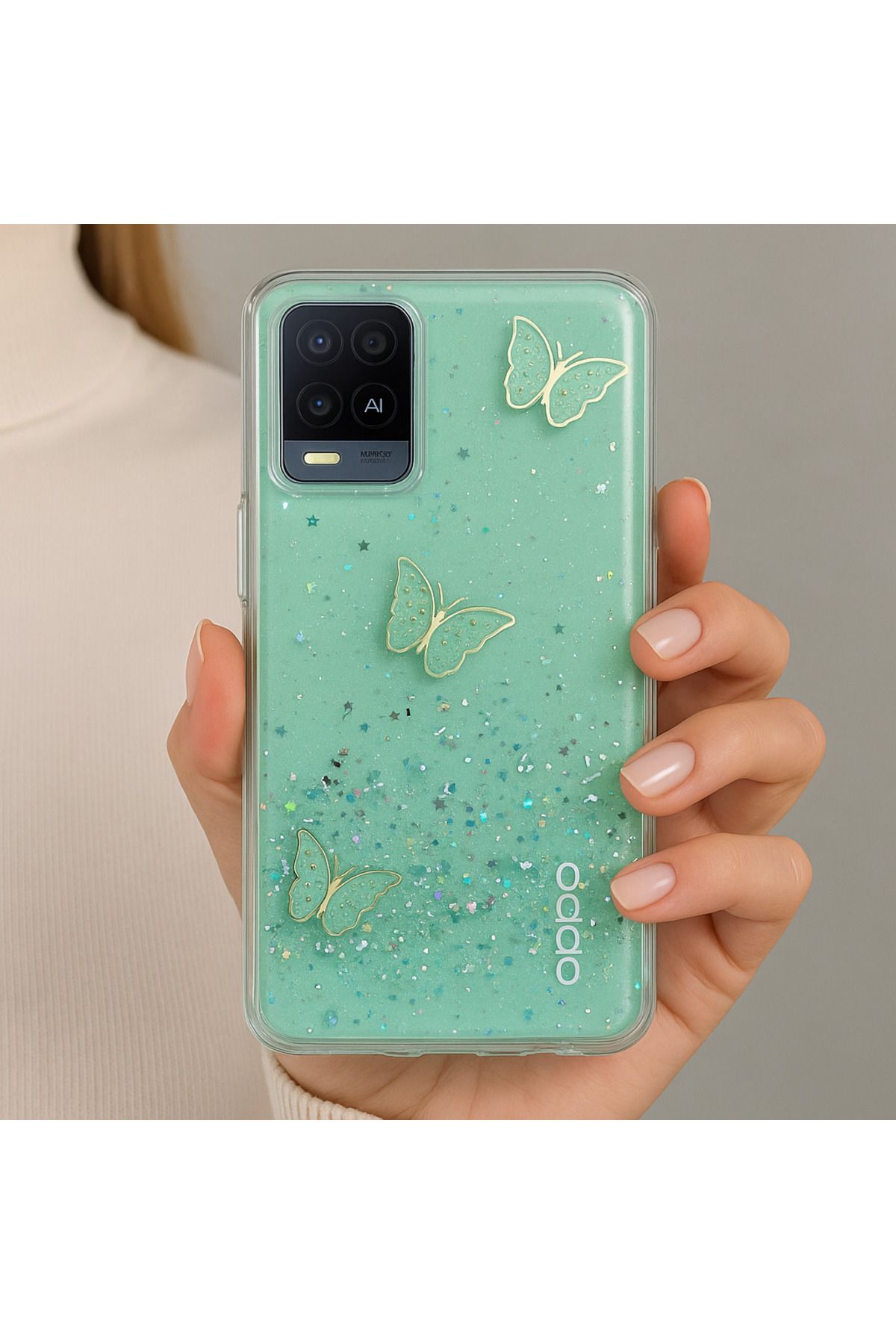 Rivor Oppo A16 & Oppo A54 & Oppo A55 5G Kılıf Kamera Çıkıntılı Simli 3D Kelebek Kabartmalı Desenli Kapak