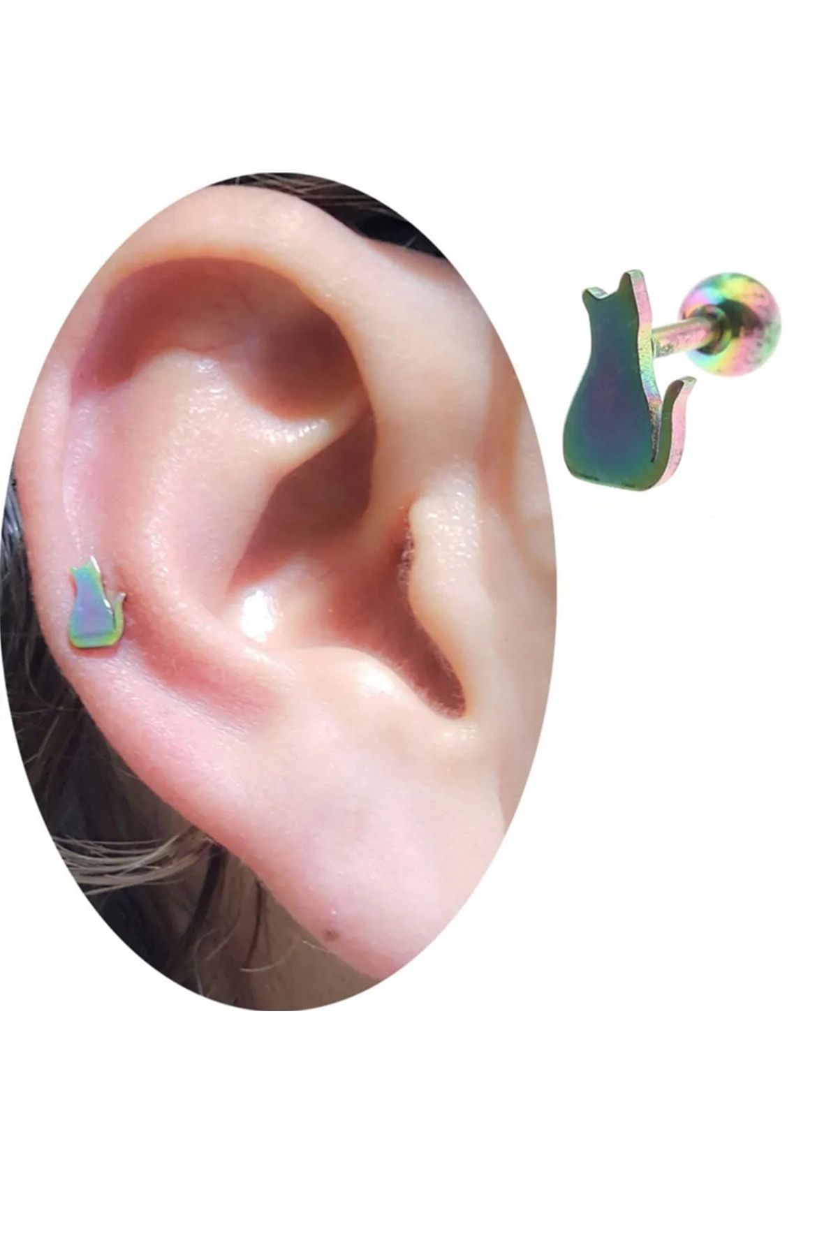 Cadının Dükkanı Çelik Gökkuşağı Kedi Tragus Helix Kıkırdak Piercing