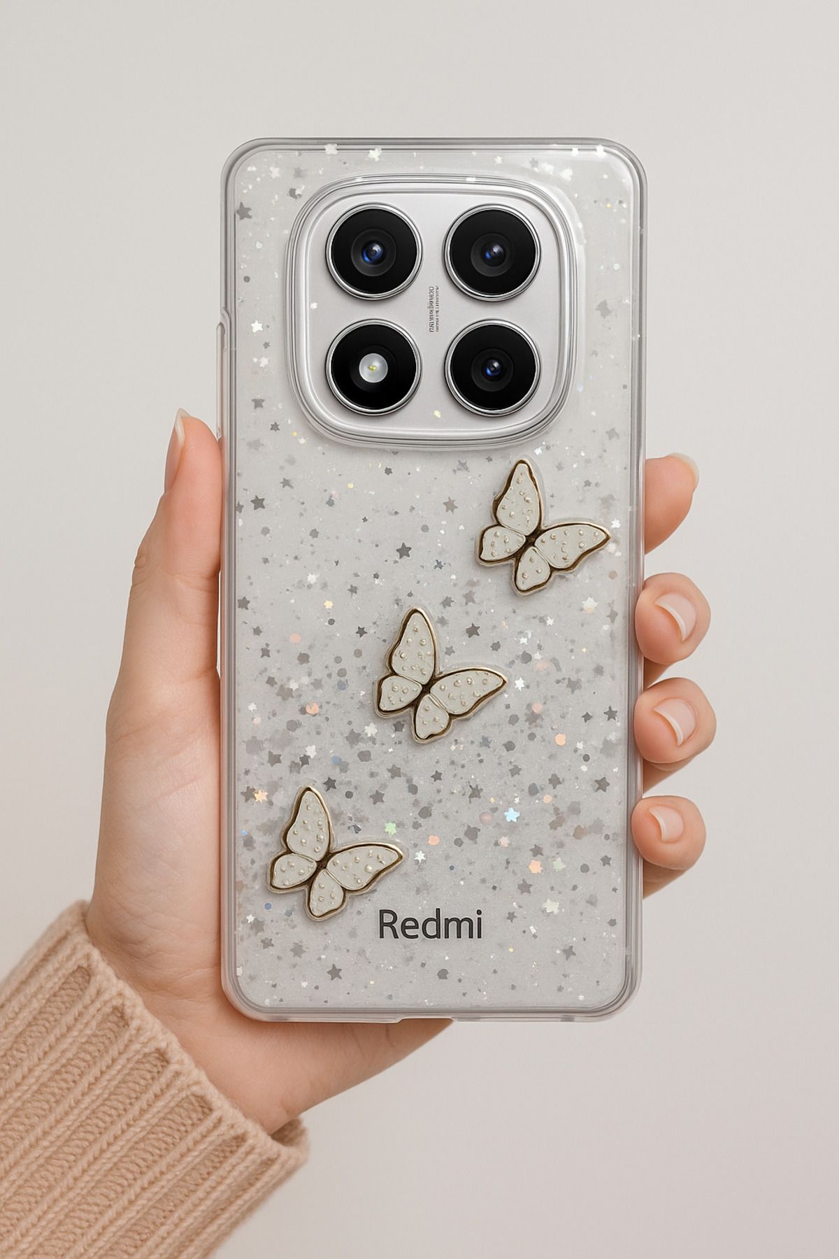 Rivor Xiaomi Redmi Note 14 Pro Plus+ Kılıf Kamera Çıkıntılı Simli Kelebek Kabartmalı Desenli İnce Kapak