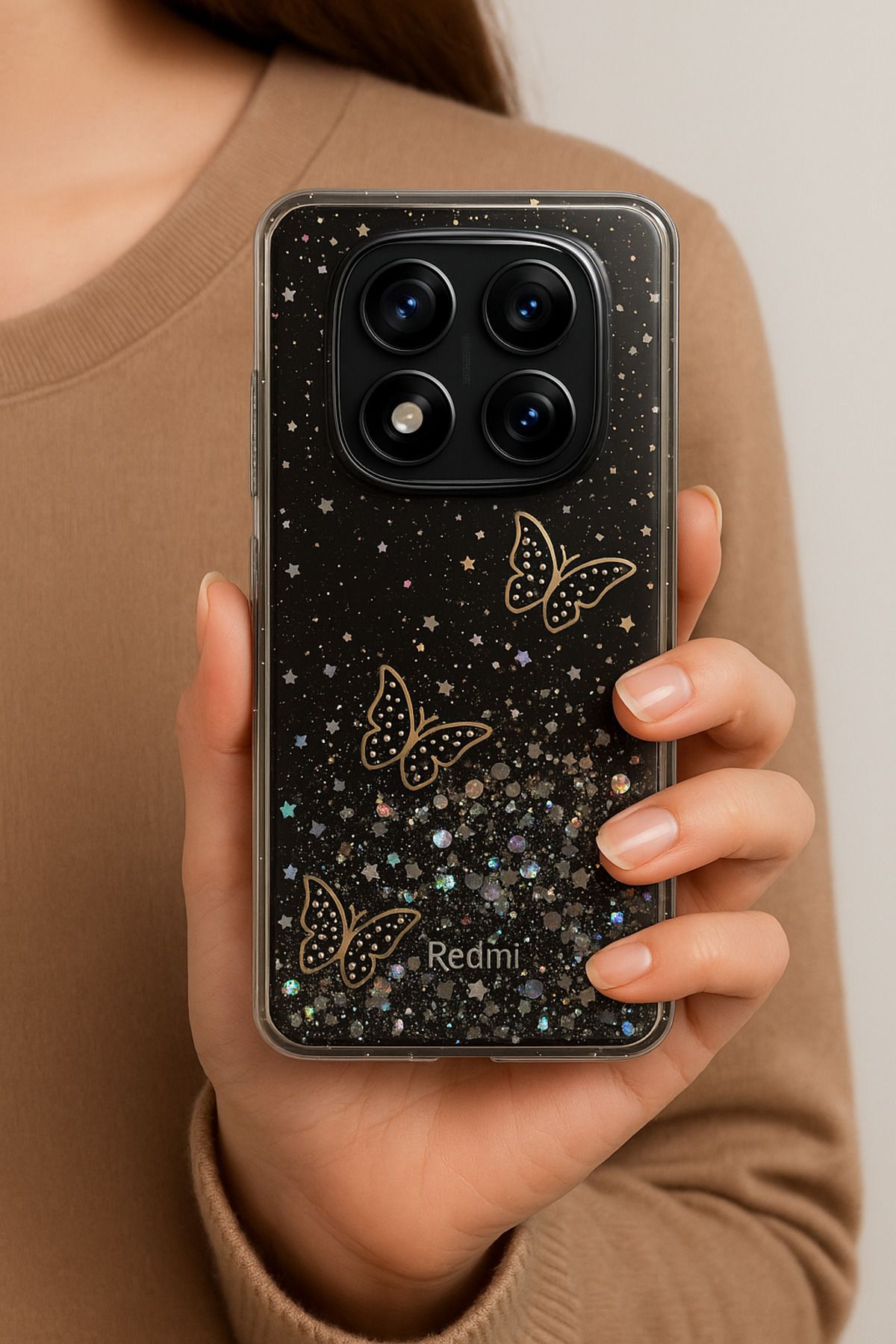 Rivor Xiaomi Redmi Note 14 Pro Plus+ Kılıf Kamera Çıkıntılı Simli Kelebek Kabartmalı Desenli İnce Kapak