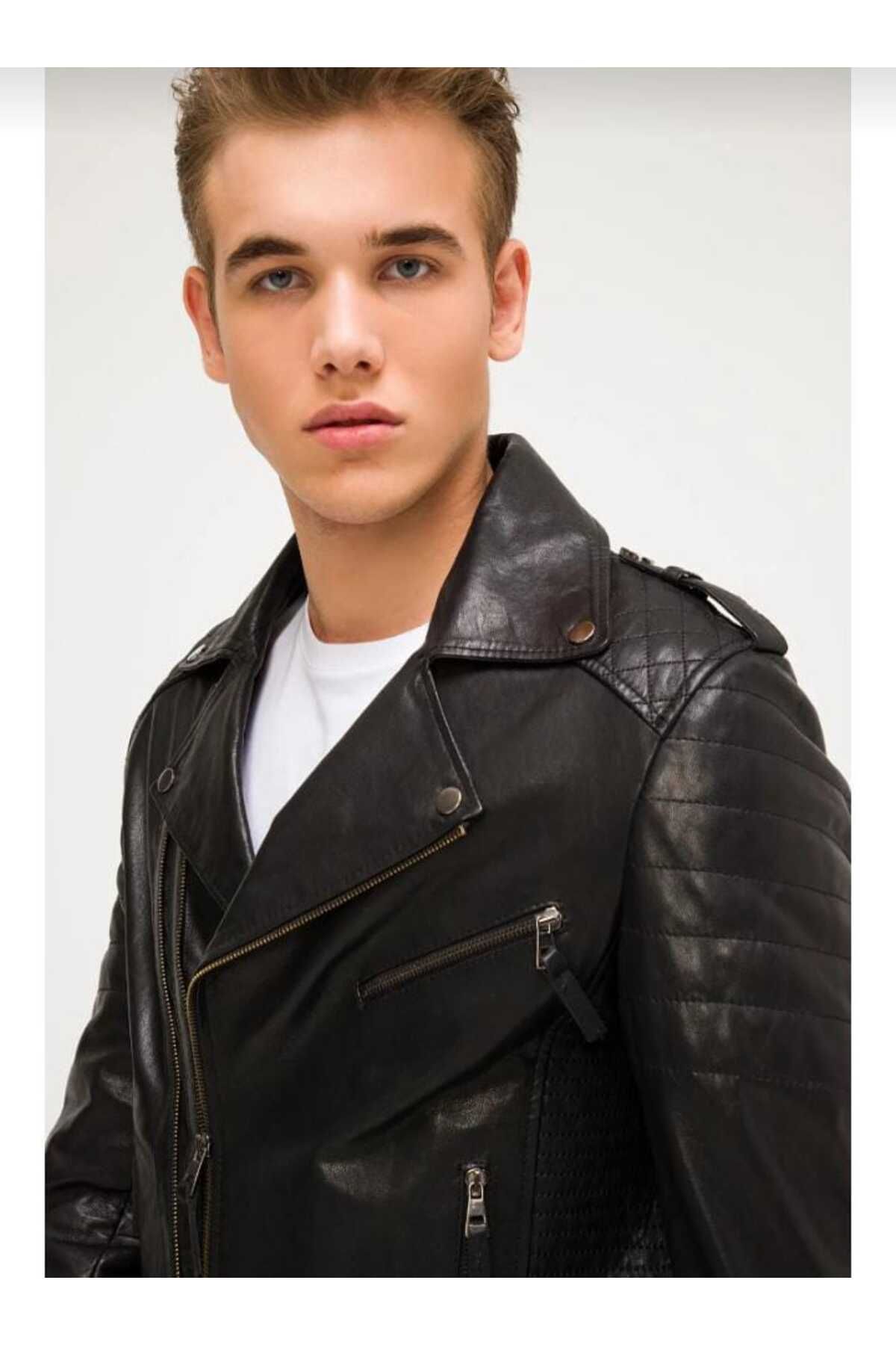 MİRENA LEATHER Erkek Kruvaze Yaka Hakiki Deri Biker Ceket