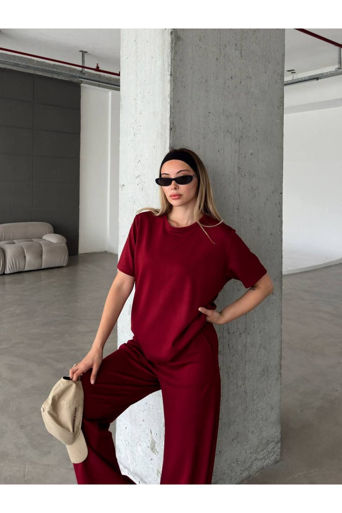 MODAMOR Bisiklet Yaka O.Y.S.H T-SHIRT PANTOLON MODAL TAKIM BORDO