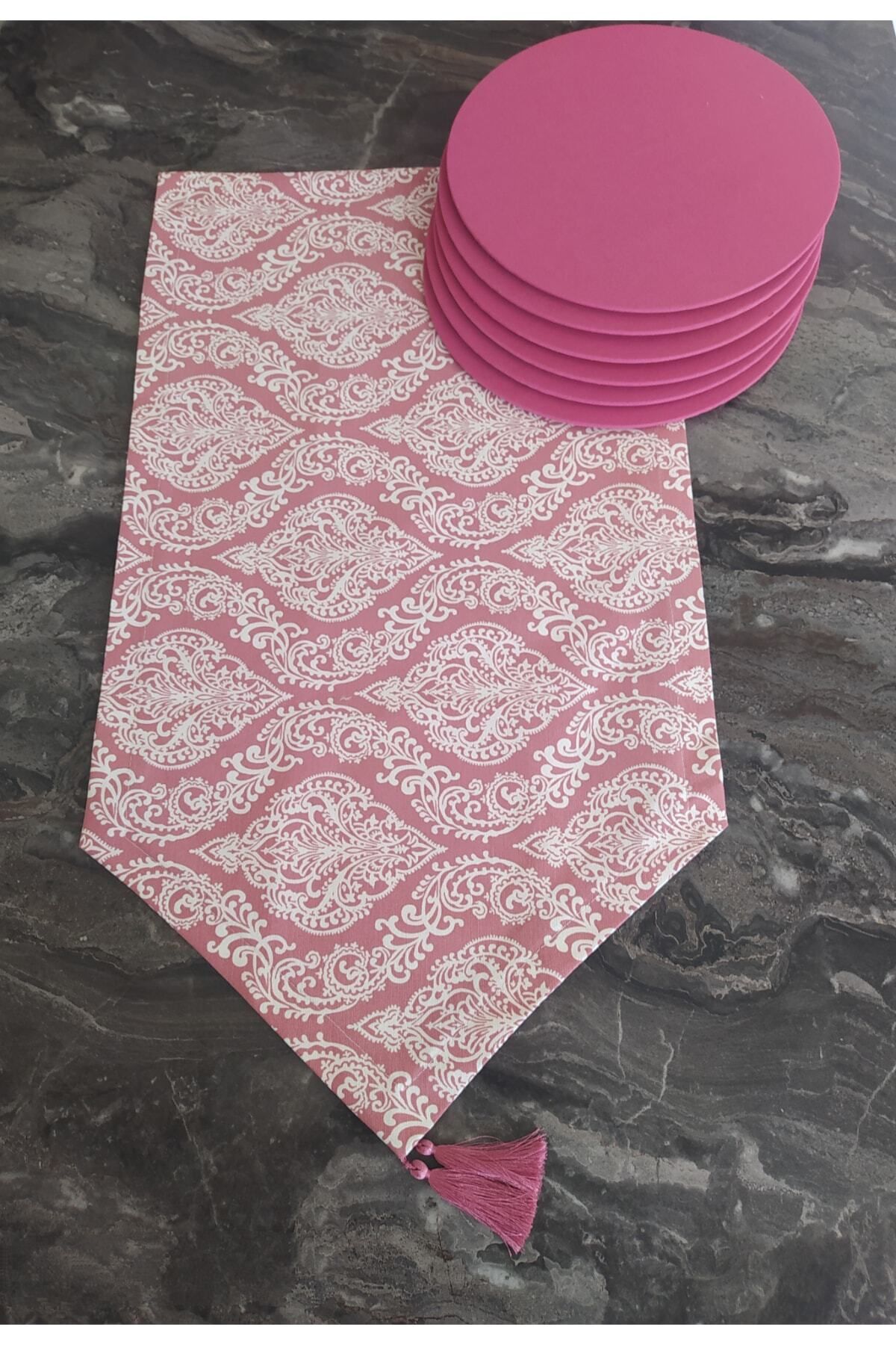 Elioure Gül Kurusu Damask Desenli Runner ve 6'lı Amerikan Servis Supla Seti