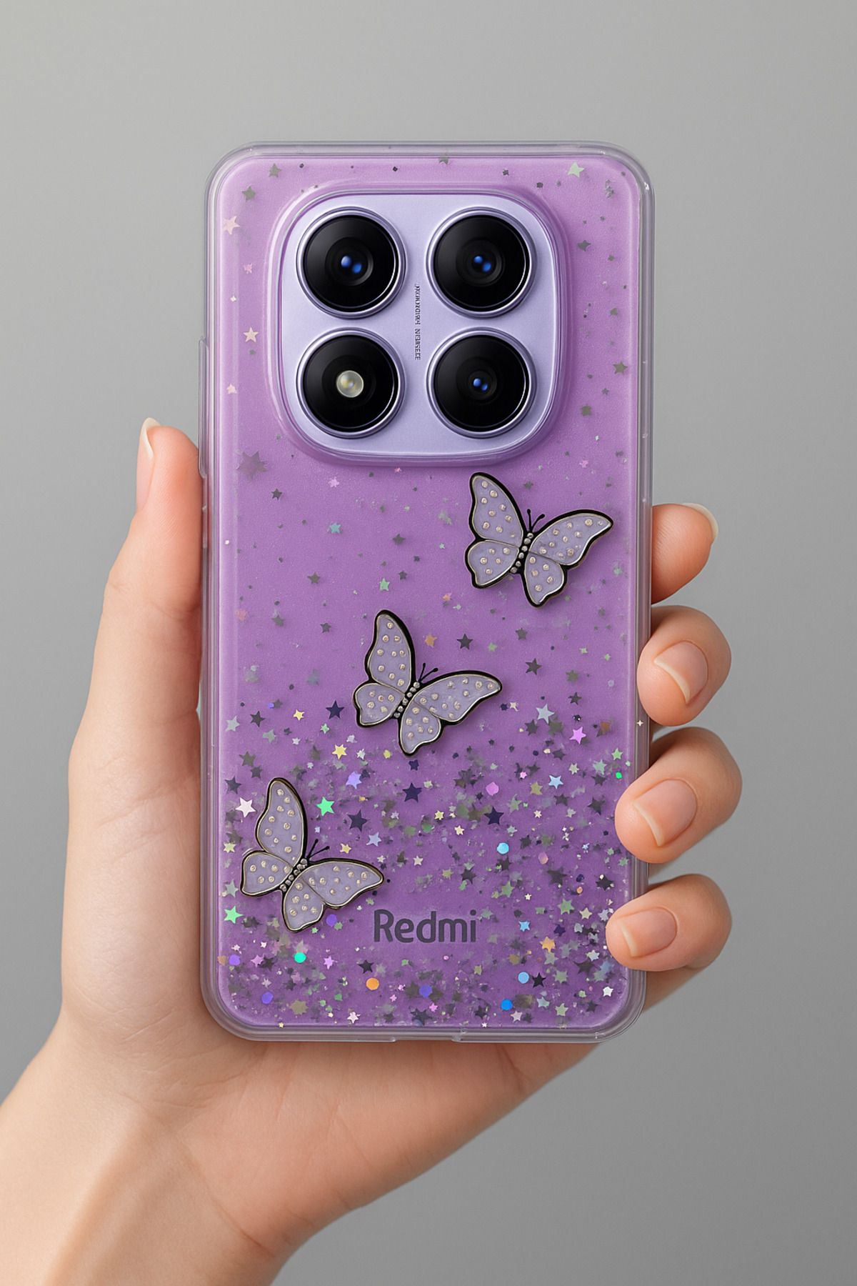 Rivor Xiaomi Redmi Note 14 Pro 5G Kılıf Kamera Çıkıntılı Simli Kelebek Kabartmalı Desenli İnce Kapak