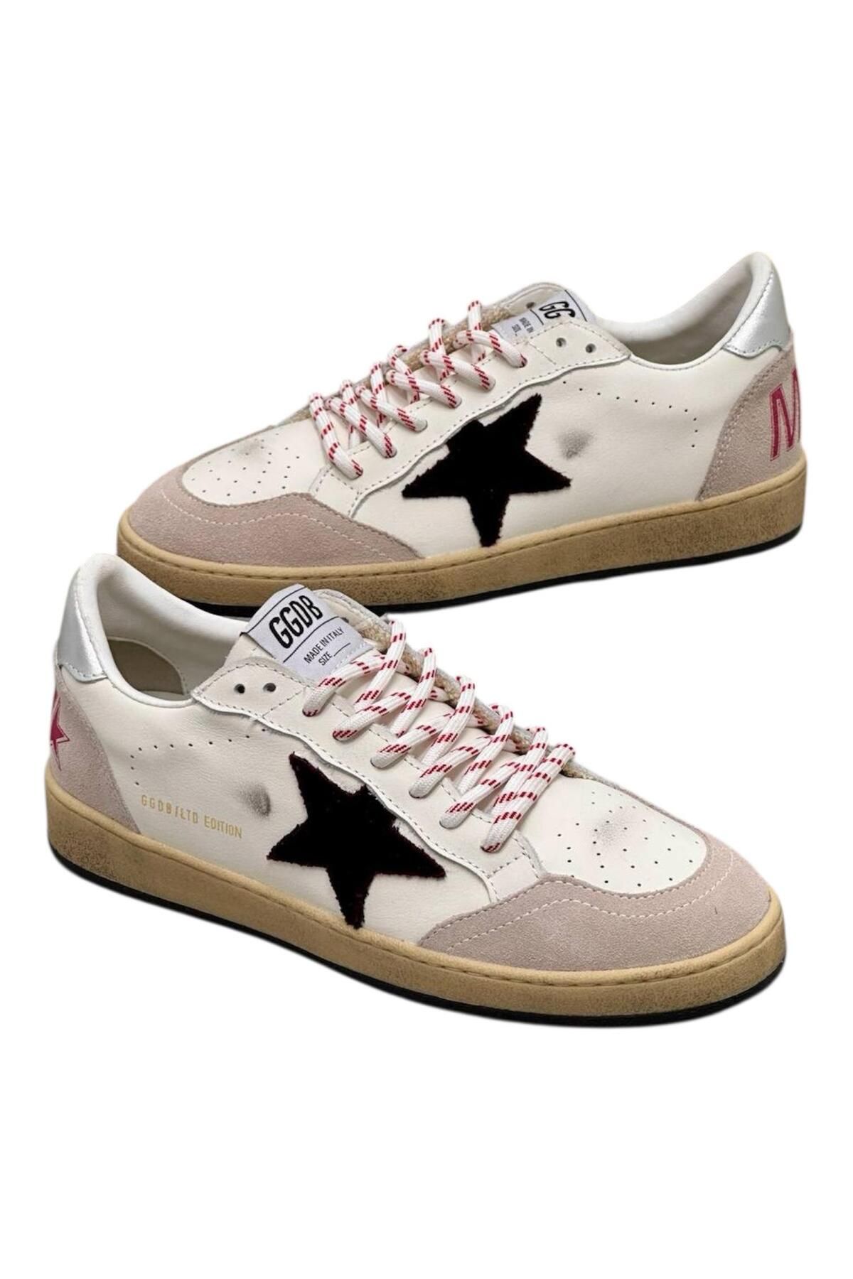 Globalux Women’s Gldn Goose Mountain - Sneakers Black Star Red Detailed Lace-Up Shiny Grey Back Ankle