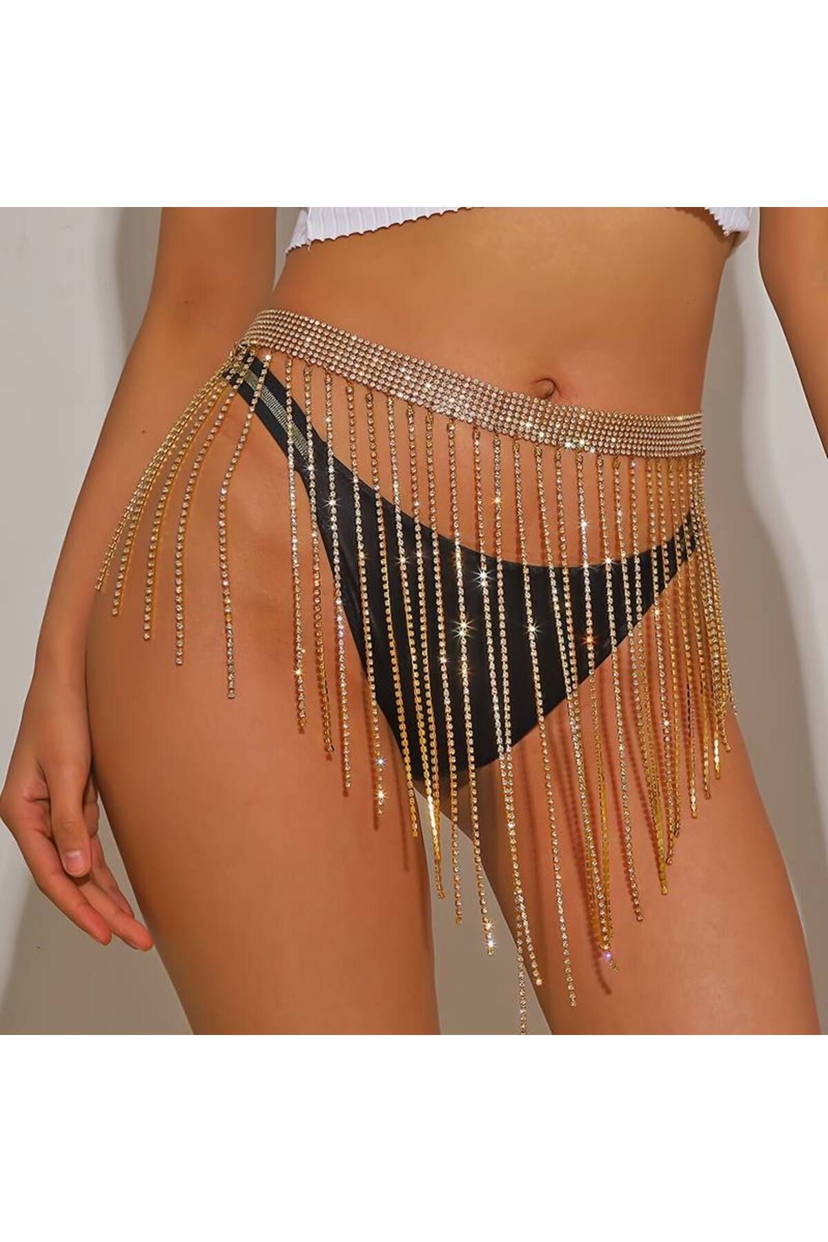 Estilo Lingerie Dubai Taşlı Gold Renk Pareo Etek, Luxury Pareo, Bikini Mayo Aksesuarı