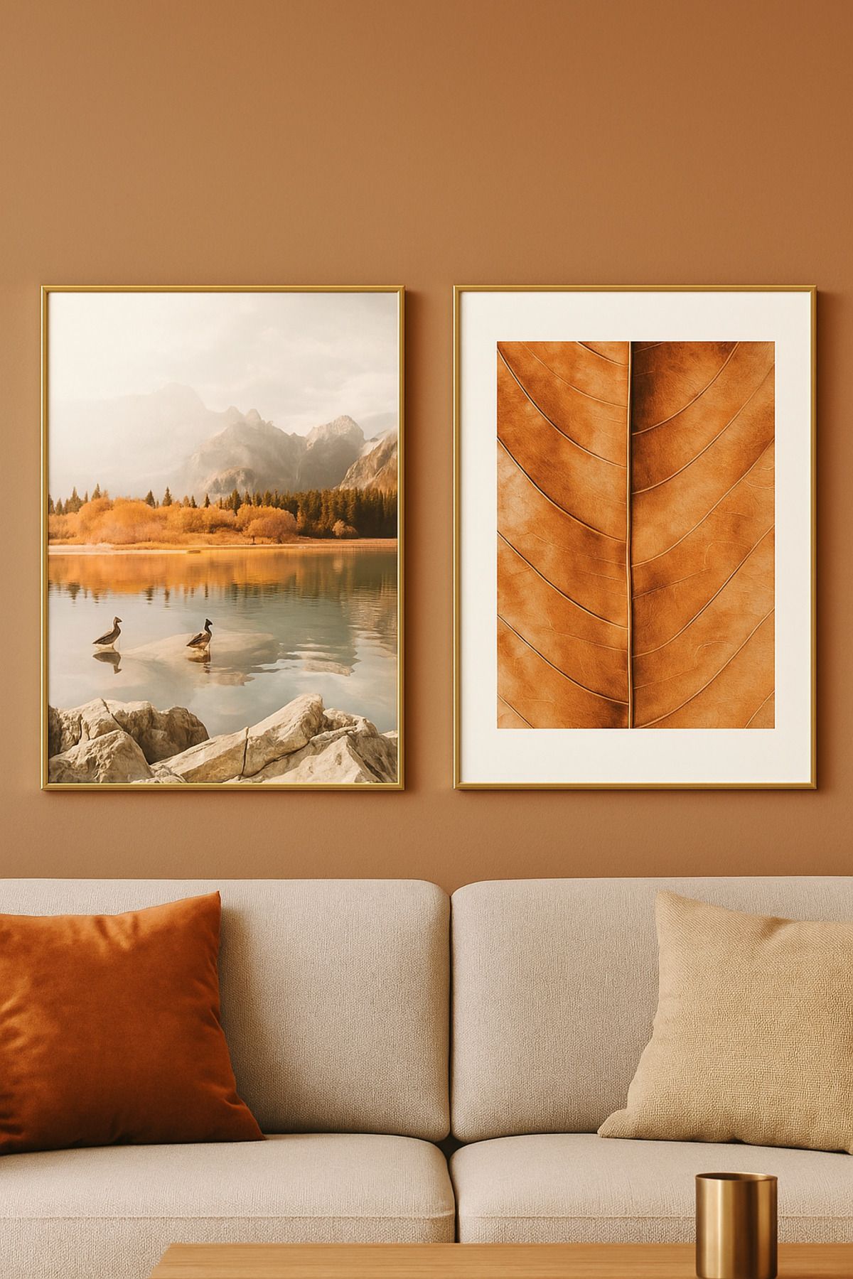 seninürünün Sonbahar Zarafeti Modern Tablo - Gerçek Cama Baskı Gold Alüminyum Metal Çerçeveli 2'li