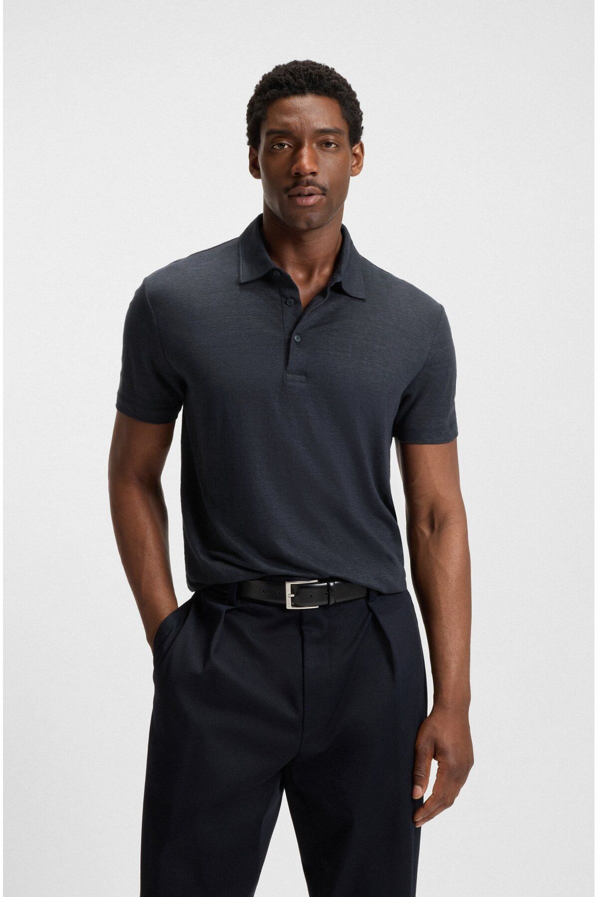 BOSS Erkek Regular Fit %100 Keten Kısa Kollu Lacivert Polo Yaka T-Shirt 50552246-408