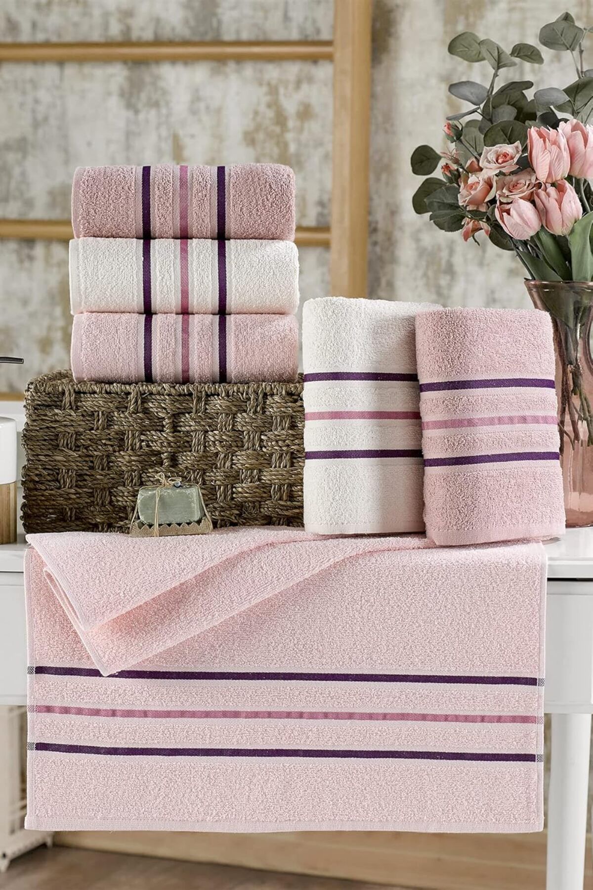 KDROĞLU plamystical TEXTILE Lia Bordürü Pudra Serisi 6'lı Havlu Seti 50x85 Pudra serisi newing 1139529