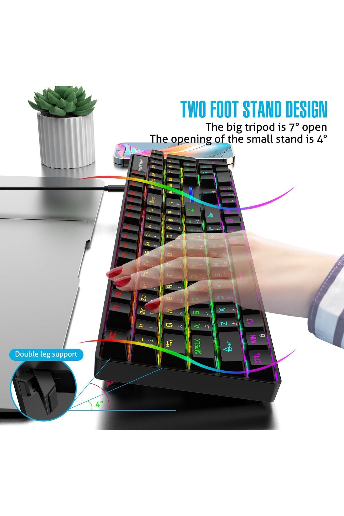 ROCK POW-Gaming Keyboard, Arabic English 104 Key Mechanical Keyboard with RGB Backlit 19 Modes, Wire 7