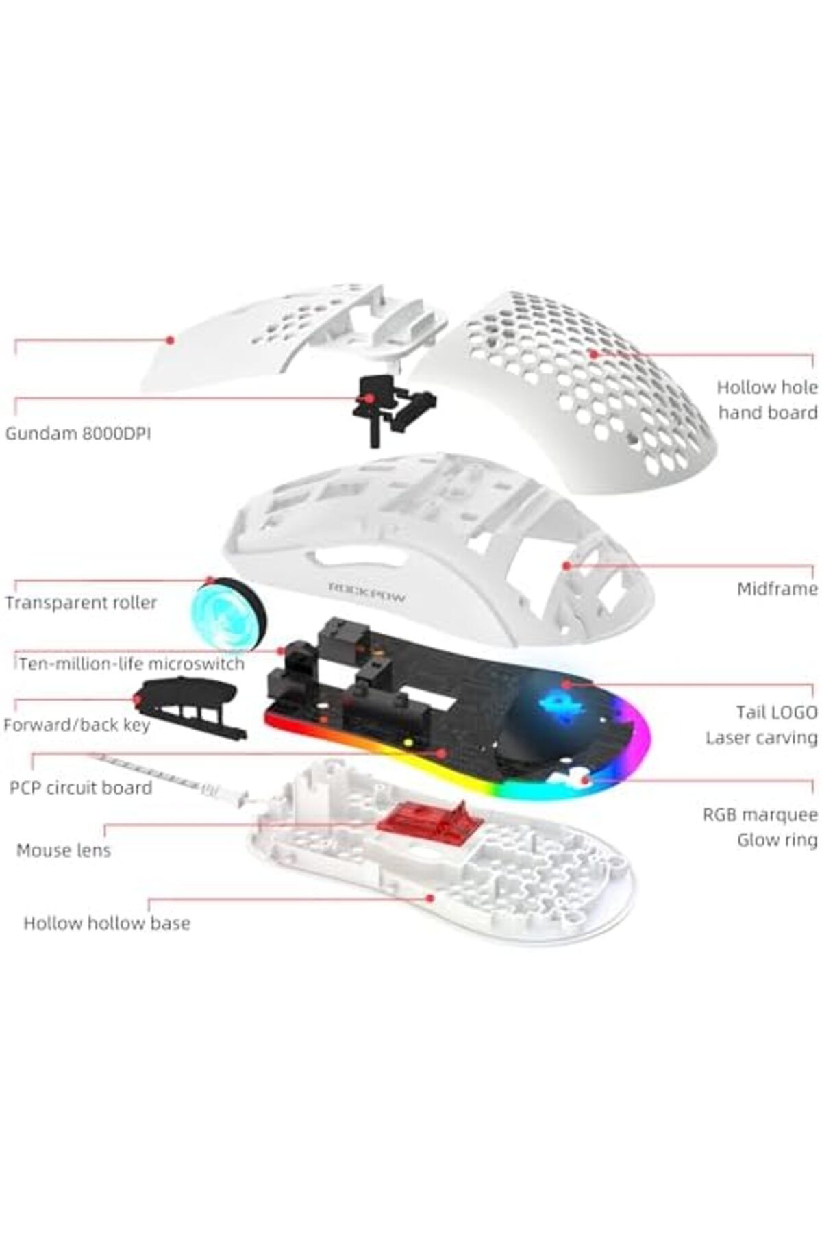 ROCK POW-Gaming Mouse, Honeycomb Design, RGB Backlight, Wired Mouse with 8000 DPI Optical Sensor 8