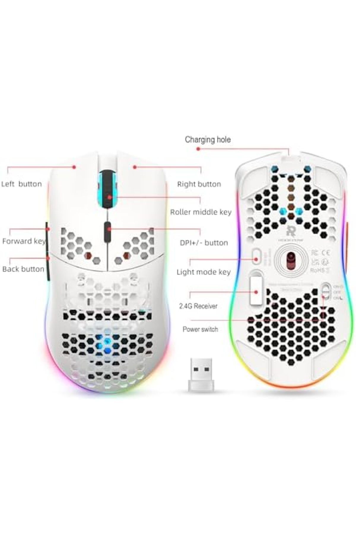 ROCK POW-Wireless Gaming Mouse with Honeycomb Lightweight Design, 6 Programmable Buttons, Adjustable DPI, RGB 4