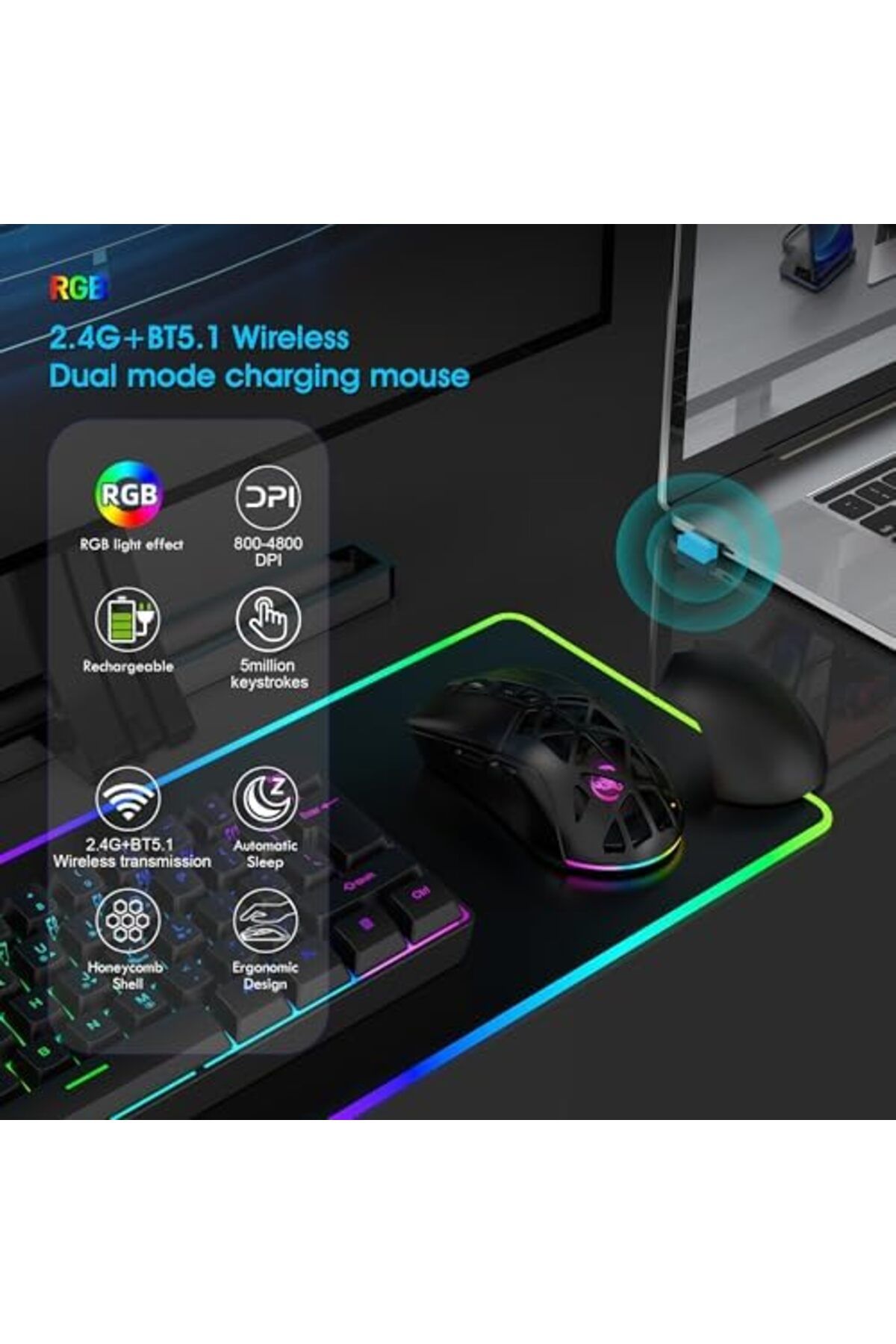 ROCK POW-Wireless Gaming Mouse, Tri-Mode Bluetooth/2.4G/Wired Mouse, 6 Buttons with Adjustable 4800 DPI, BT5. 4
