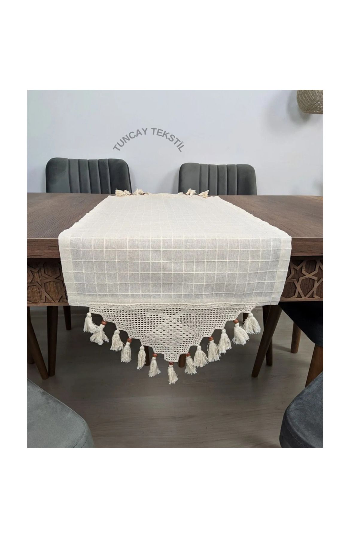 Elioure El Dantelli Püsküllü Runner 45x120 Keten Masa Örtüsü Orta Krem