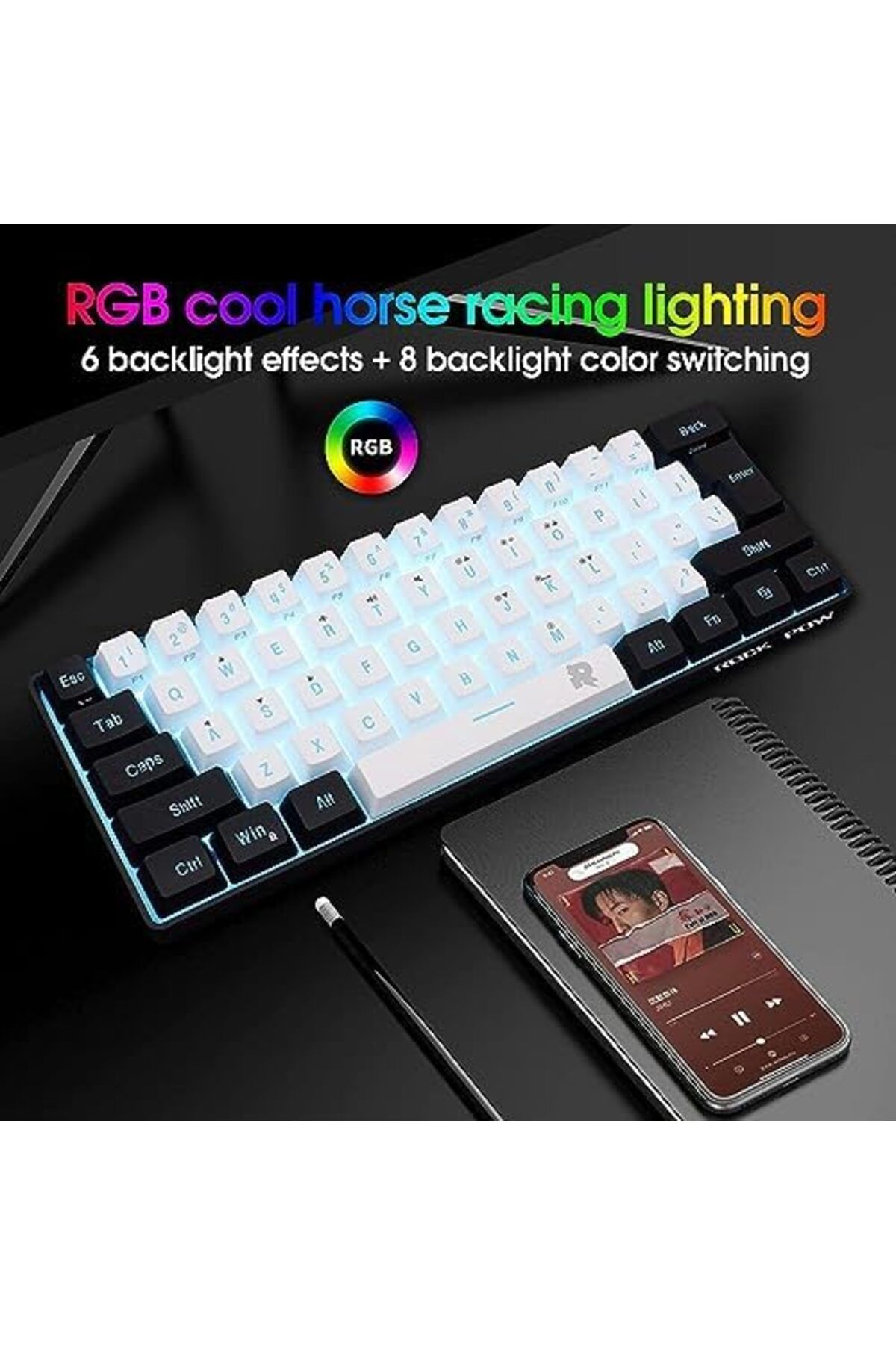 ROCK POW-Wired Gaming Keyboard and Mouse Combo, Include Mini 60% Mechanical Feel Keyboard, Ergonomic 4