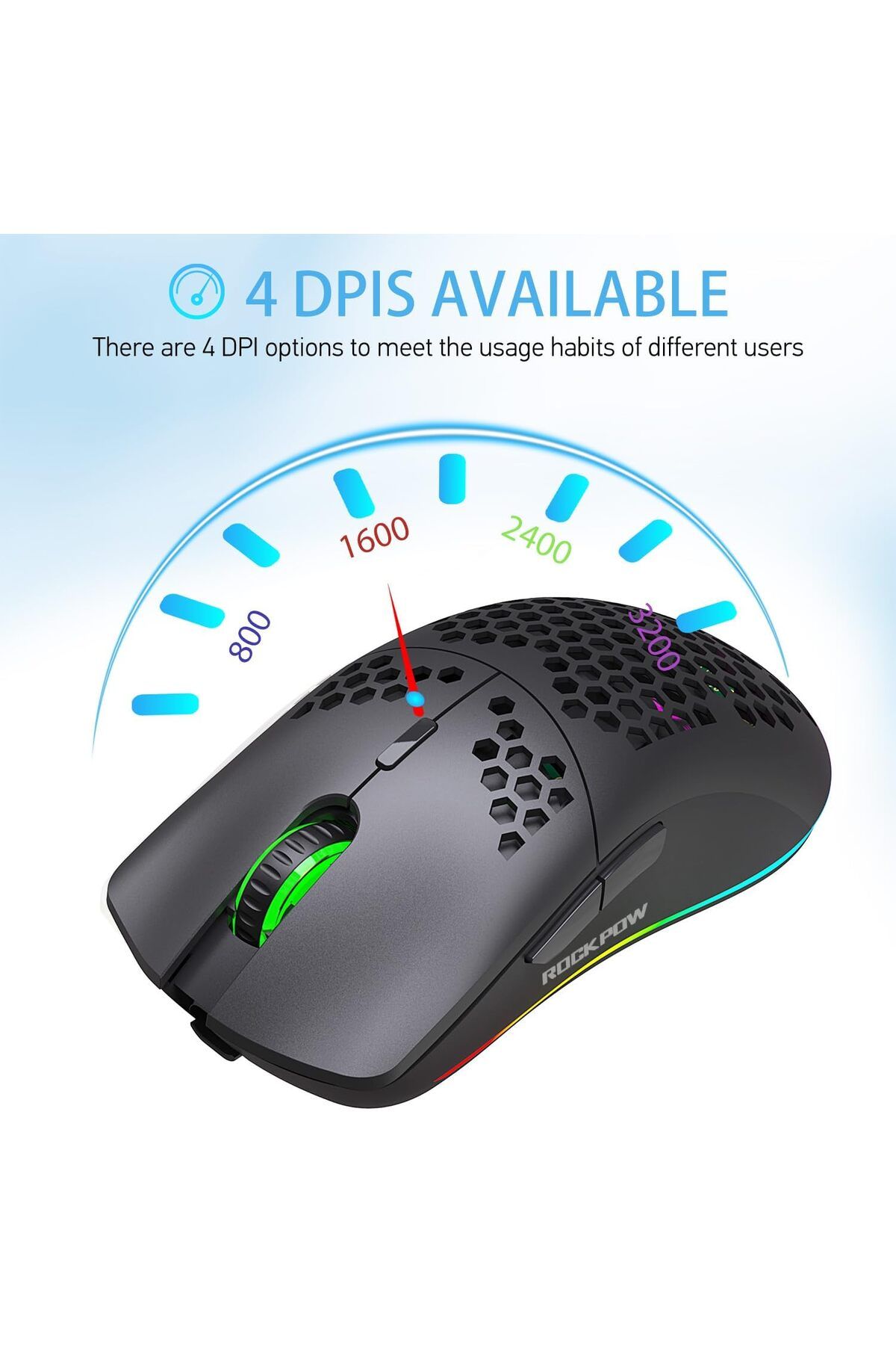 ROCK POW-ماوس ألعاب لاسلكي، خفيف الوزن للغاية، مزود بـ 6 أزرار قابلة للبرمجة، ودقة DPI قابلة للتعديل، وإضاءة خلفية RGB 5