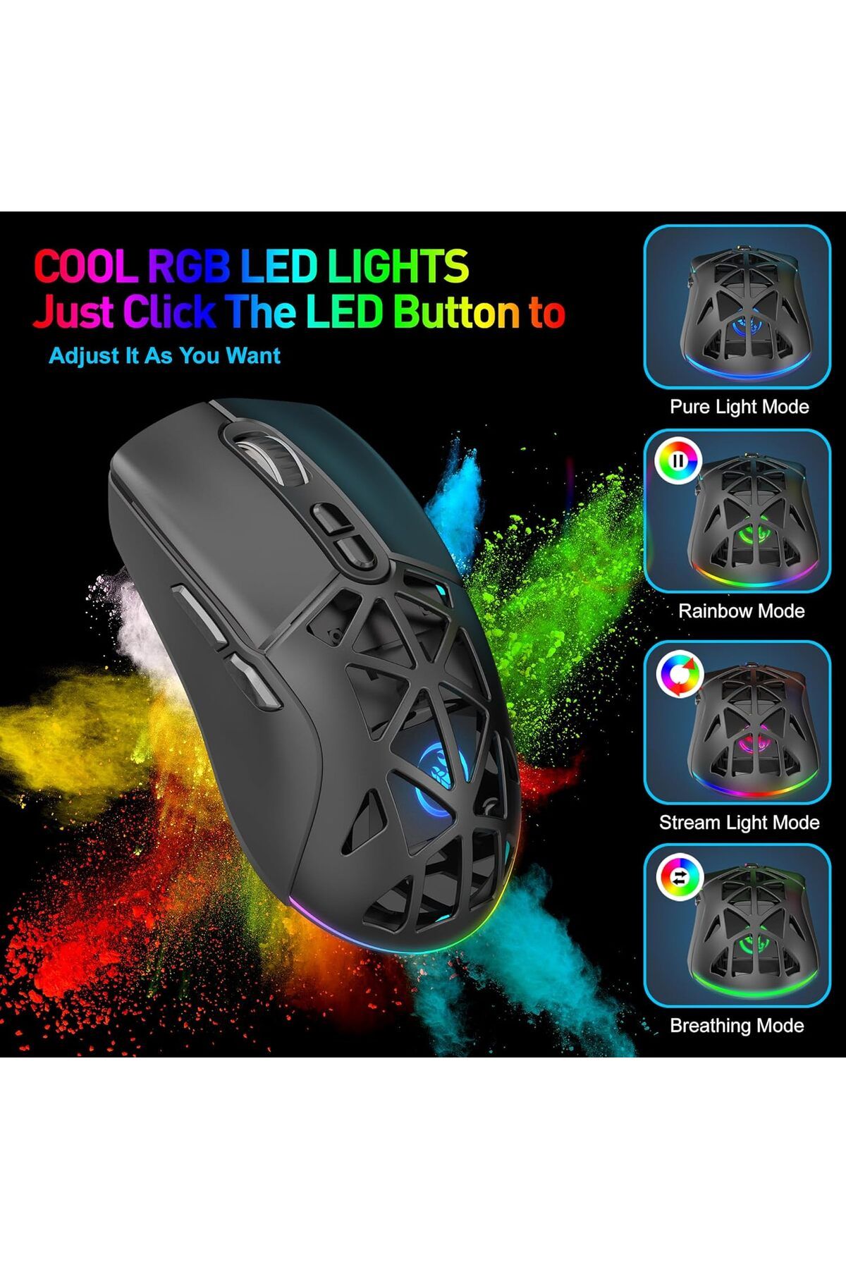 ROCK POW-Wireless Gaming Mouse, Tri-Mode Bluetooth/2.4G/Wired Mouse, 6 Buttons with Adjustable 4800 DPI, BT5. 5