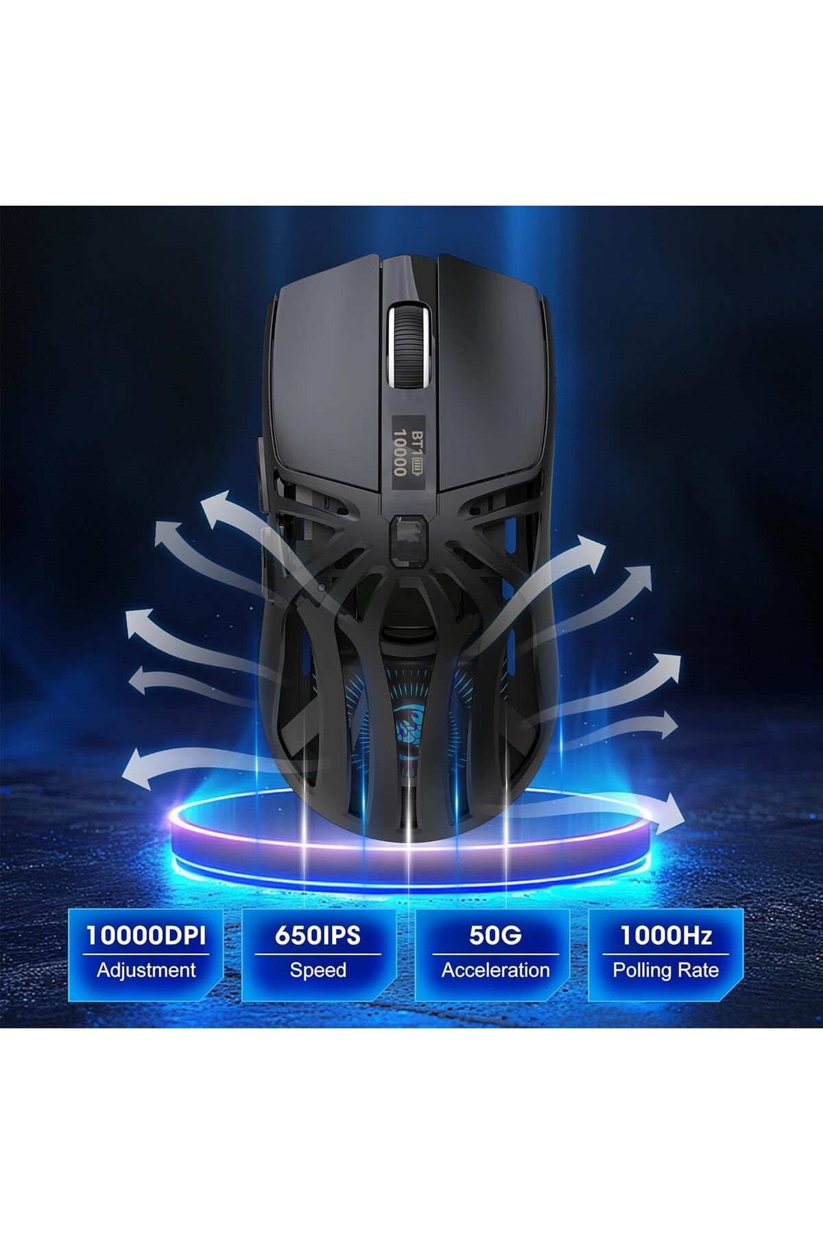 ROCK POW-Wireless Gaming Mouse, Triple Mode Bluetooth/2.4G/Wired, 6 Buttons Adjustable with 10000 DPI, Rechar 3
