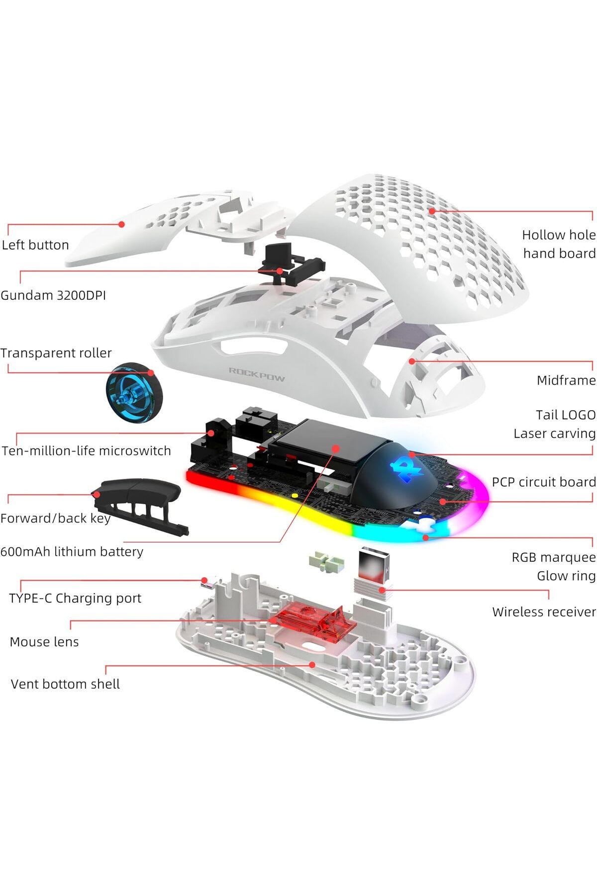 ROCK POW-Wireless Gaming Mouse with Honeycomb Lightweight Design, 6 Programmable Buttons, Adjustable DPI, RGB 7