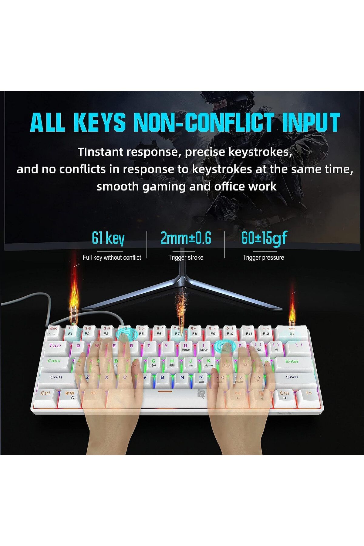 ROCK POW-60% Wired Mechanical Gaming Keyboard, 61 keys RGB Backlit Ultra-Compact Mini Keyboard 7