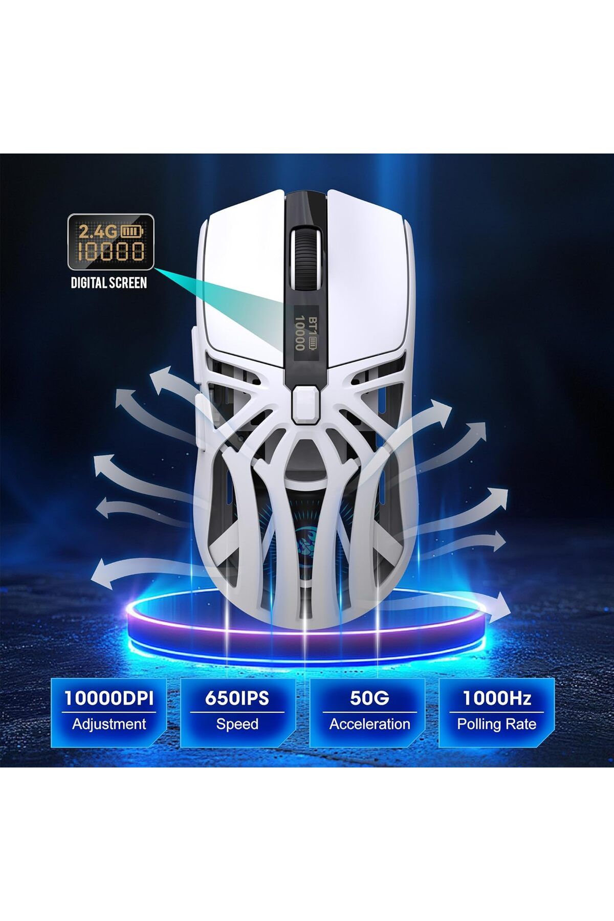 ROCK POW-Wireless Gaming Mouse, Triple Mode Bluetooth/2.4G/Wired, 6 Buttons with Adjustable DPI up to 10000, 3