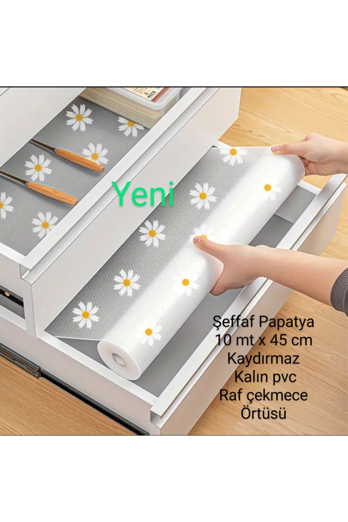 teknotrust Kaymaz Raf Astarı Rulosu, Mutfak ve Dolaplar İçin, 45 x 10 cm, Papatya Desenli