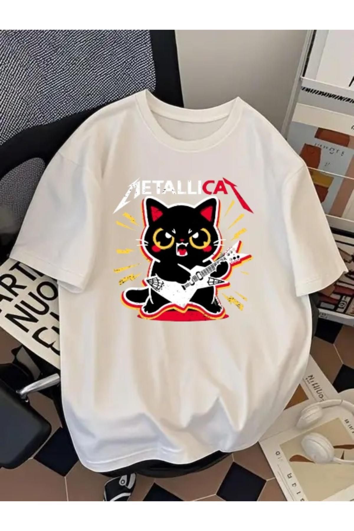Madali Boutique Metallicat Baskılı Unisex Bisiklet Yaka Pamuk Oversize Boyfriend T-Shirt