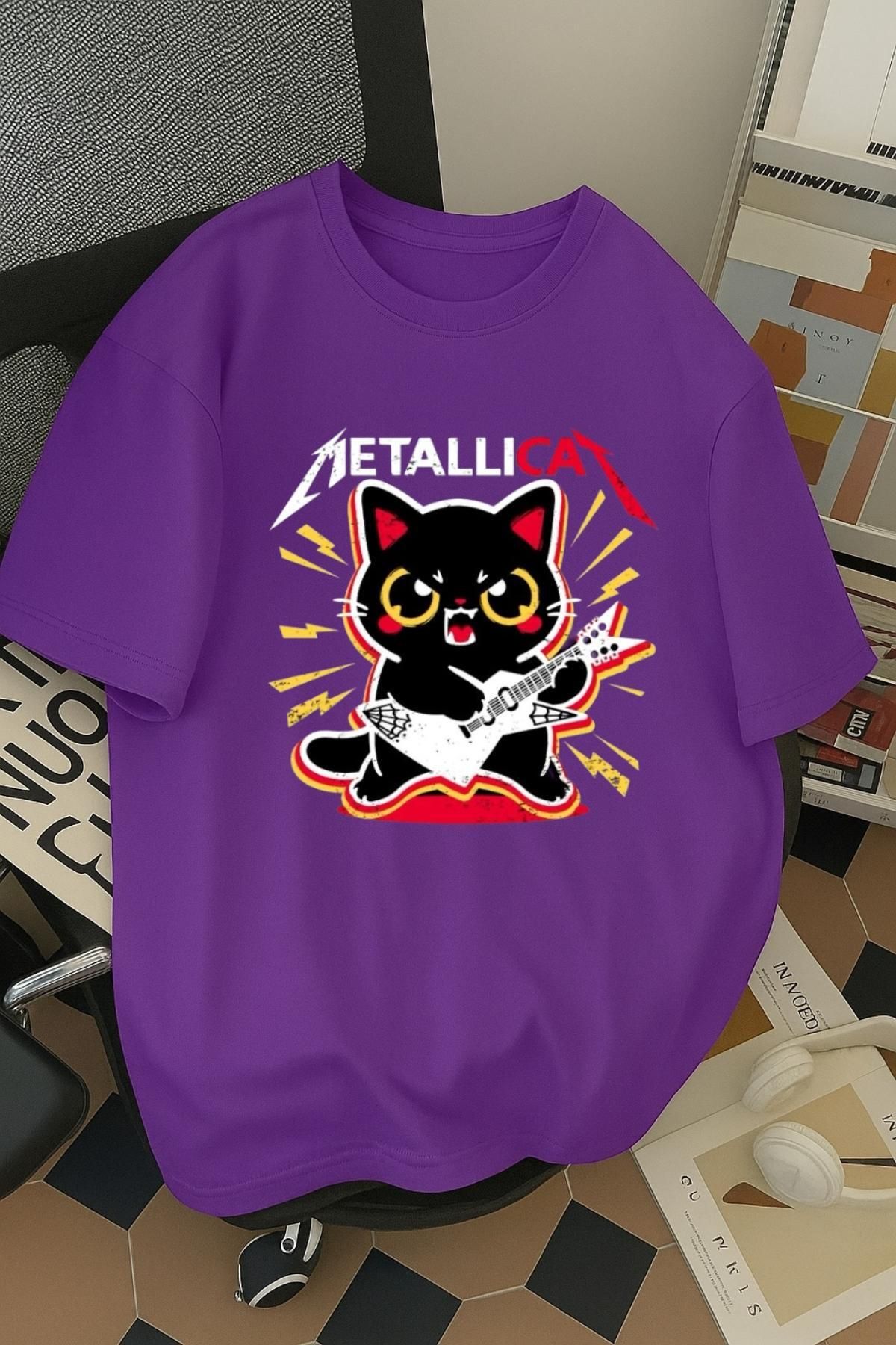Madali Boutique Metallicat Baskılı Unisex Bisiklet Yaka Pamuk Oversize Boyfriend T-Shirt