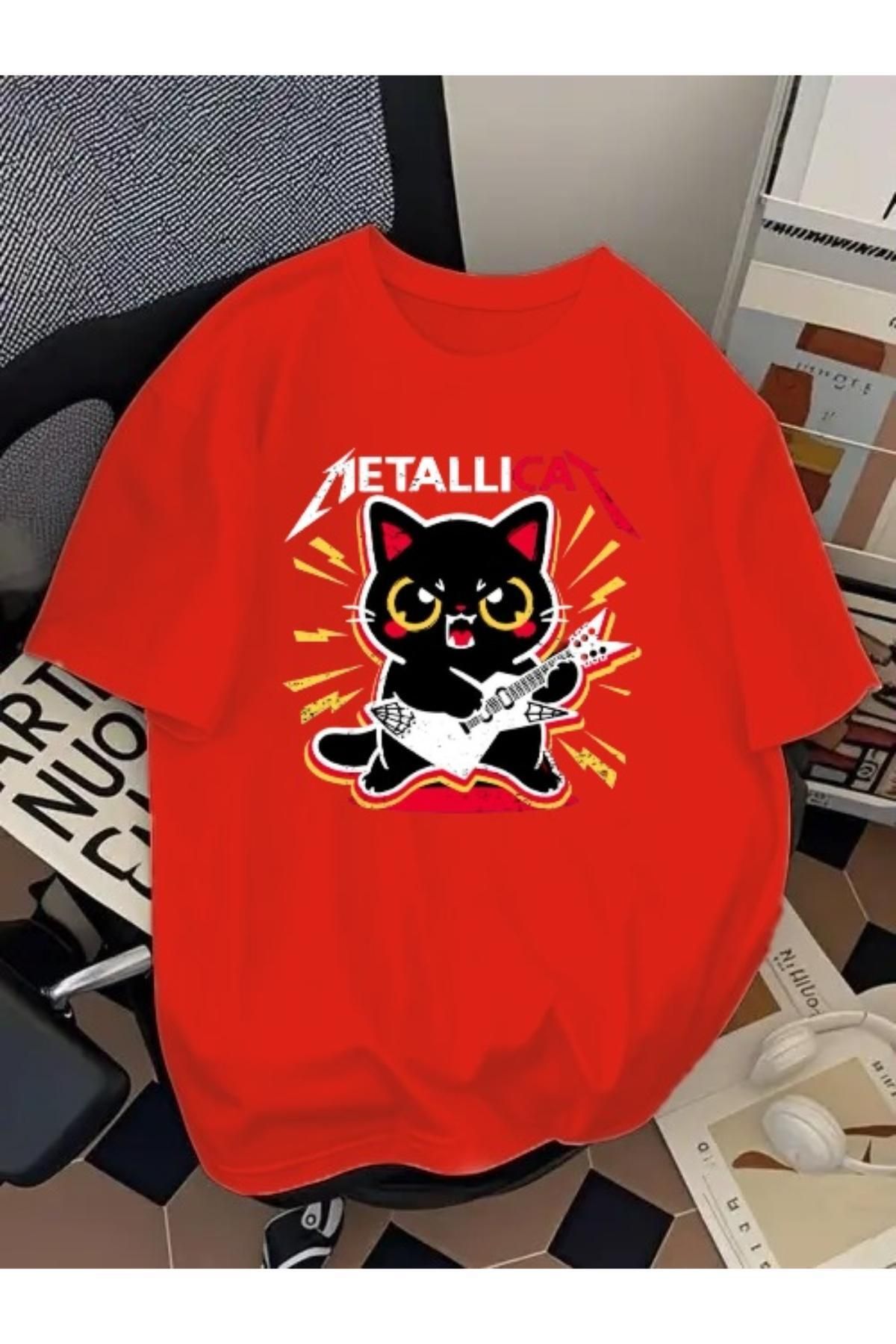 Madali Boutique Metallicat Baskılı Unisex Bisiklet Yaka Pamuk Oversize Boyfriend T-Shirt