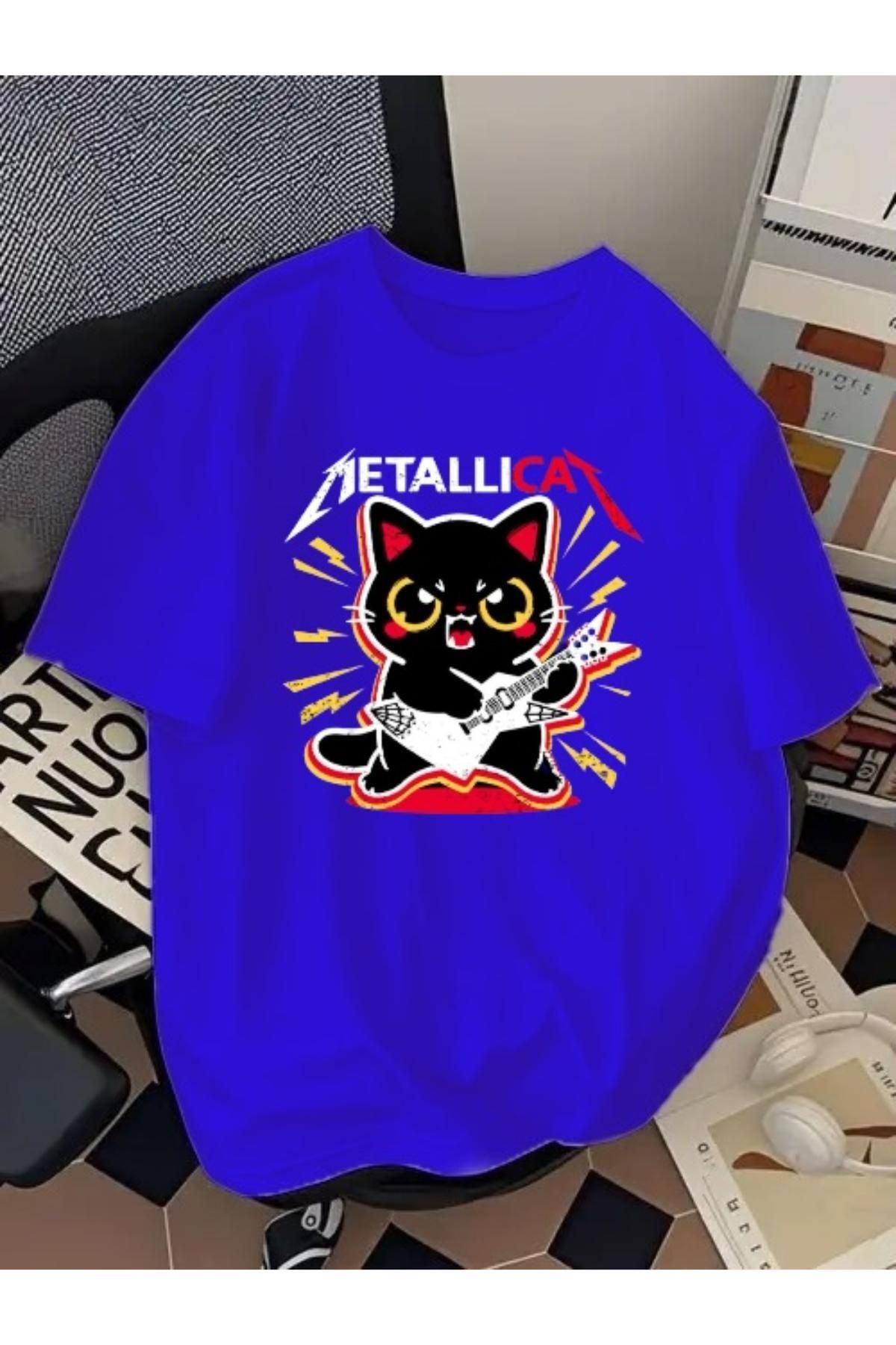Madali Boutique Metallicat Baskılı Unisex Bisiklet Yaka Pamuk Oversize Boyfriend T-Shirt