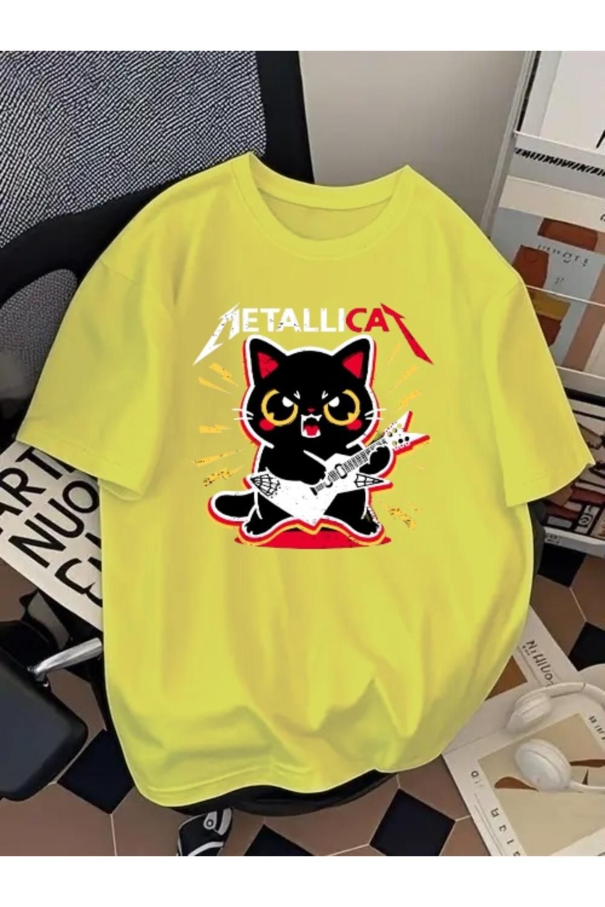 Madali Boutique Metallicat Baskılı Unisex Bisiklet Yaka Pamuk Oversize Boyfriend T-Shirt