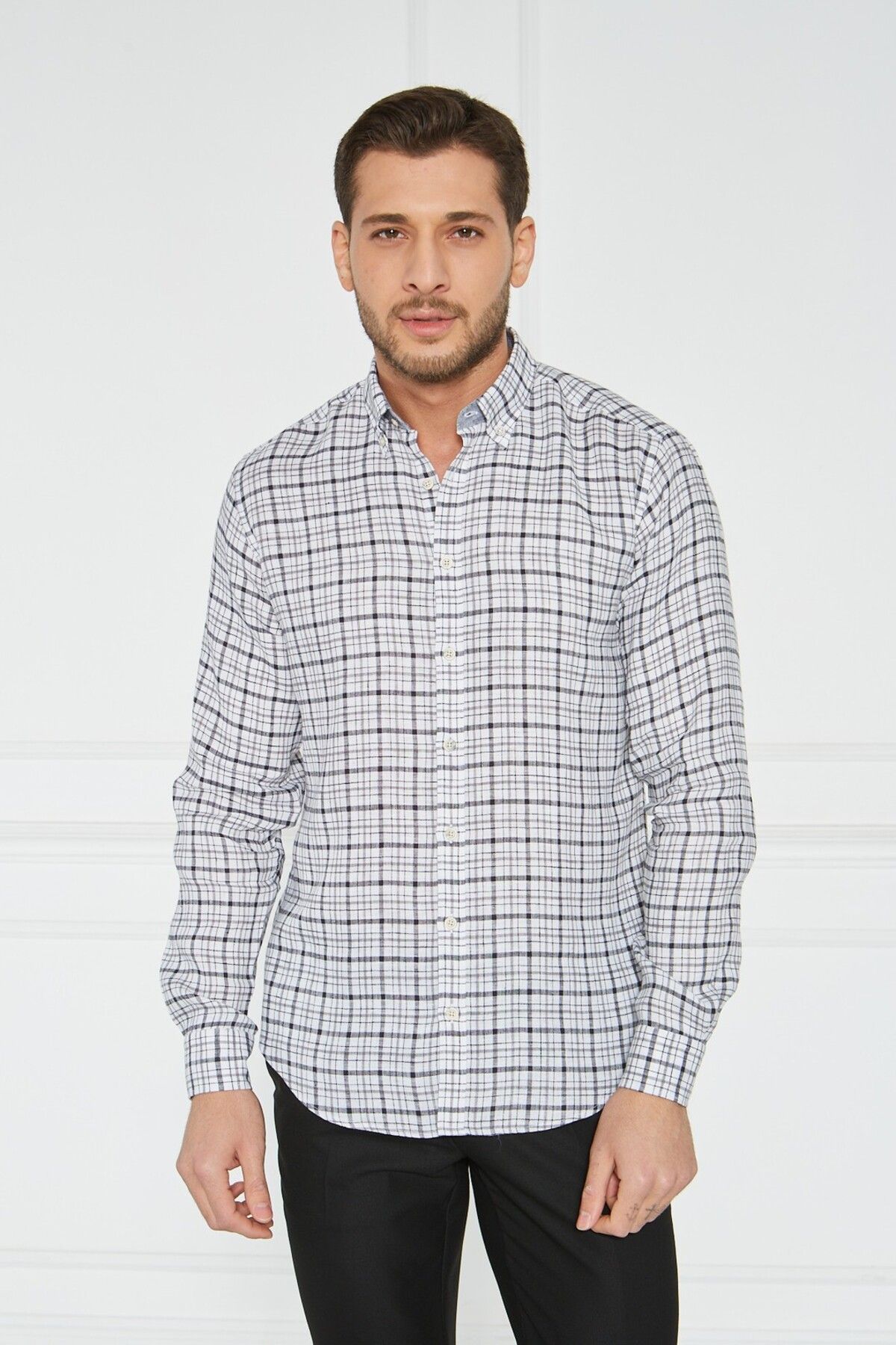 Paşahan Giorgianni Yaka Düğmeli Ekose Keten Slim Fit Gömlek