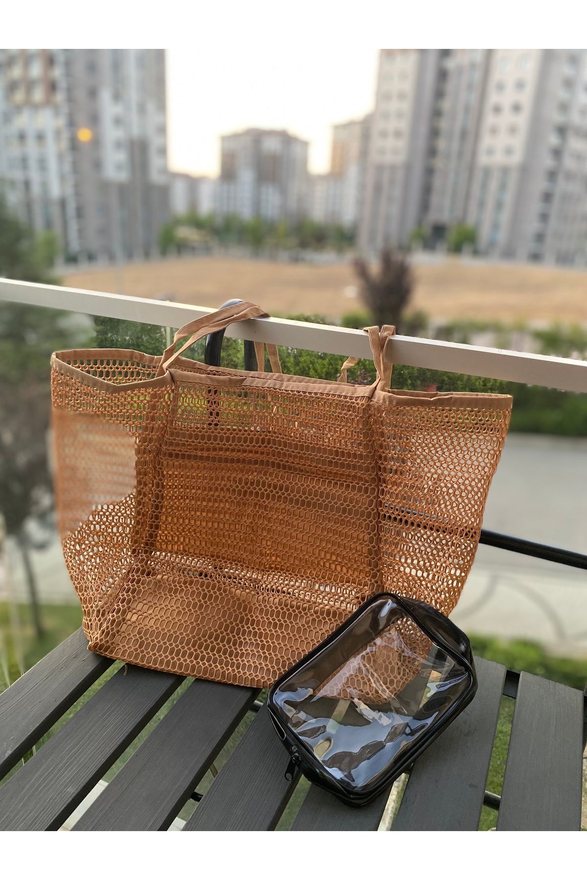 ÇANTA Kahve Plaj Çantası+Siyah Makyaj Çantası