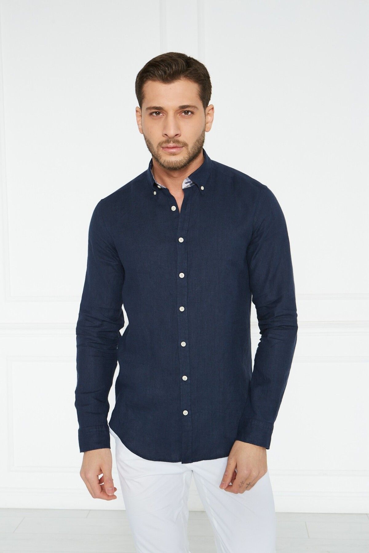 Paşahan Giorgianni Yaka Düğmeli Garnili Keten Slim Fit Gömlek