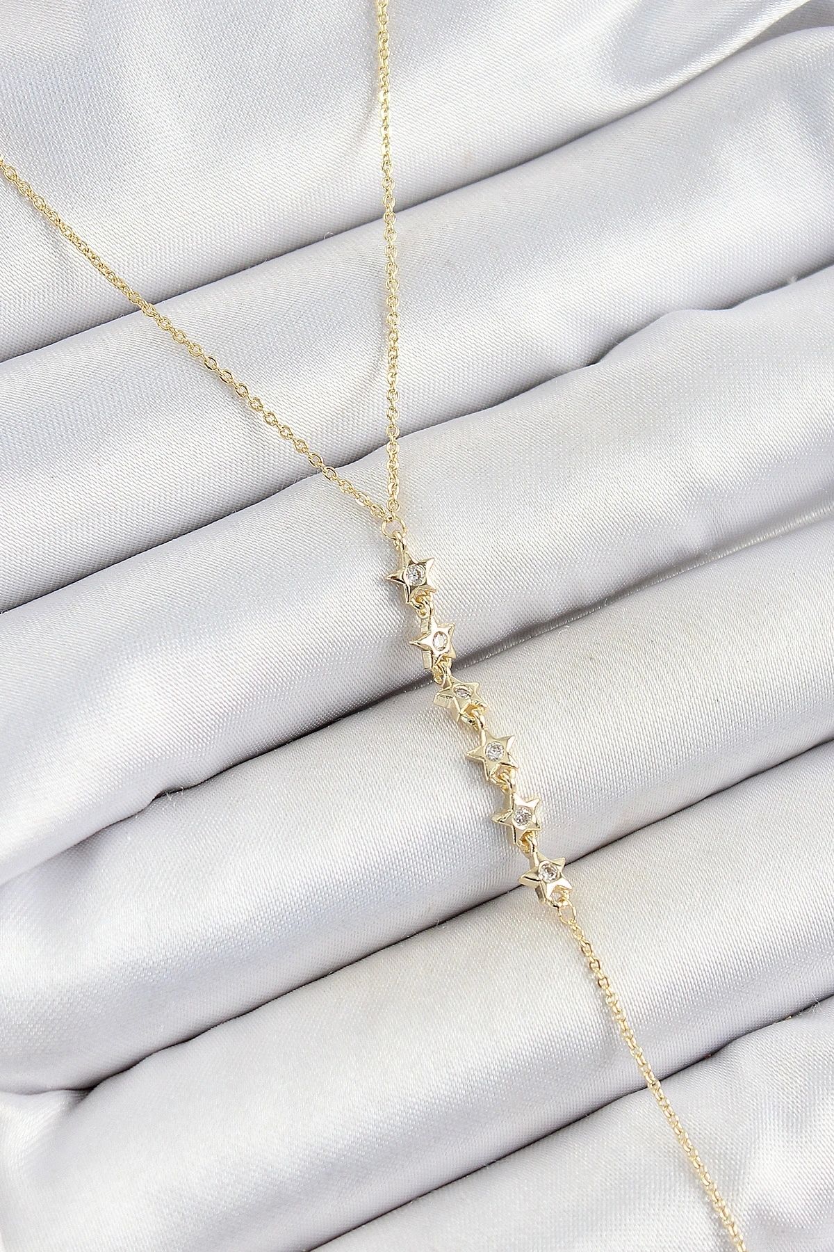 shopwave Pirinç Zirkon Taşlı Sıralı Yıldız Figürlü Y Model Gold Renk Kadın Kolye