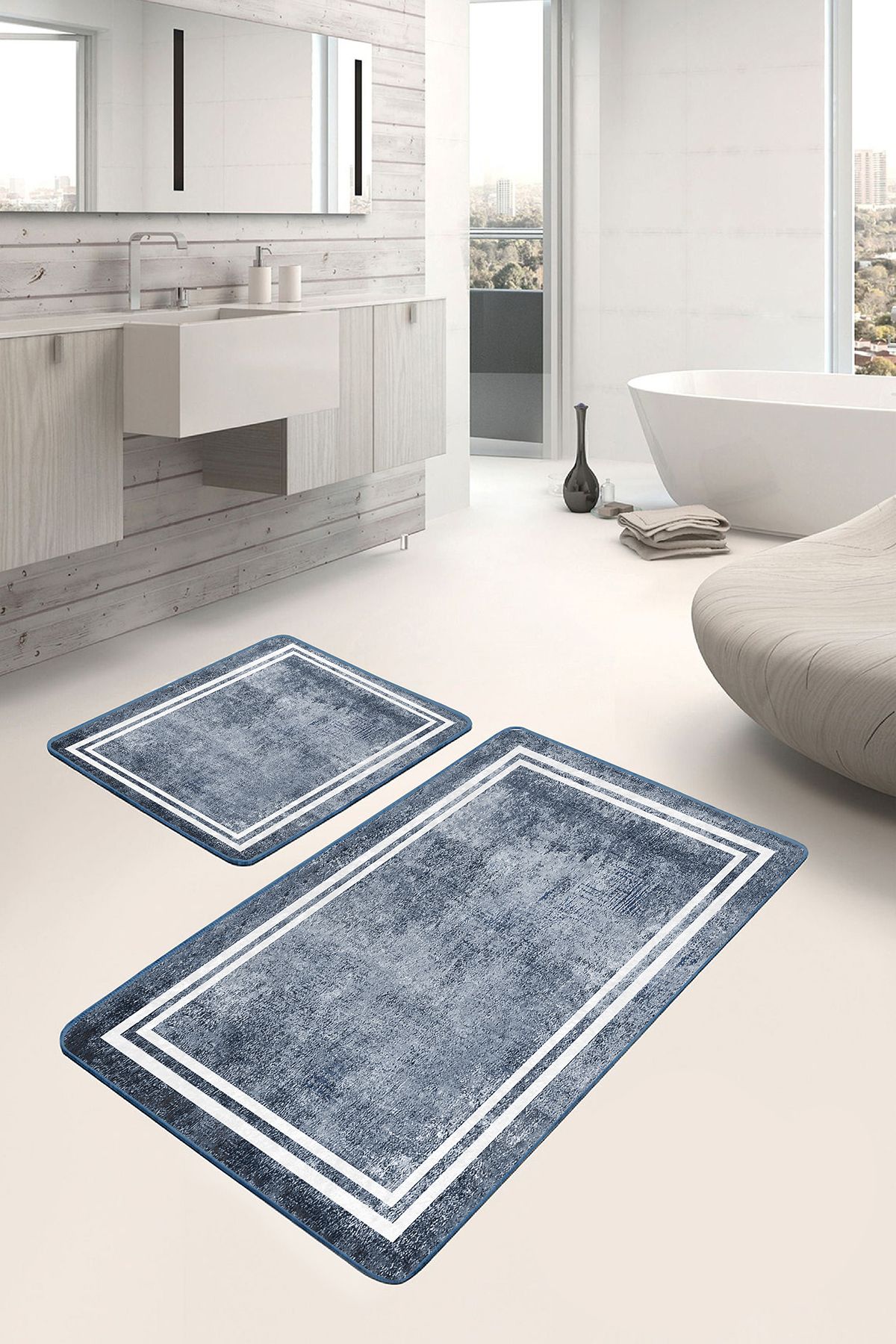 Realhomes Mavi Beyaz Zeminde Çerçeveli Motifli Otantik Eskitme Motifli Vintage 2'li Banyo Mutfak Paspas Takımı
