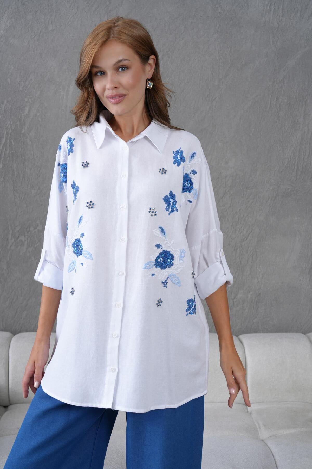BURRASCA NAKIŞ İŞLEMELİ OVERSIZE KETEN GÖMLEK