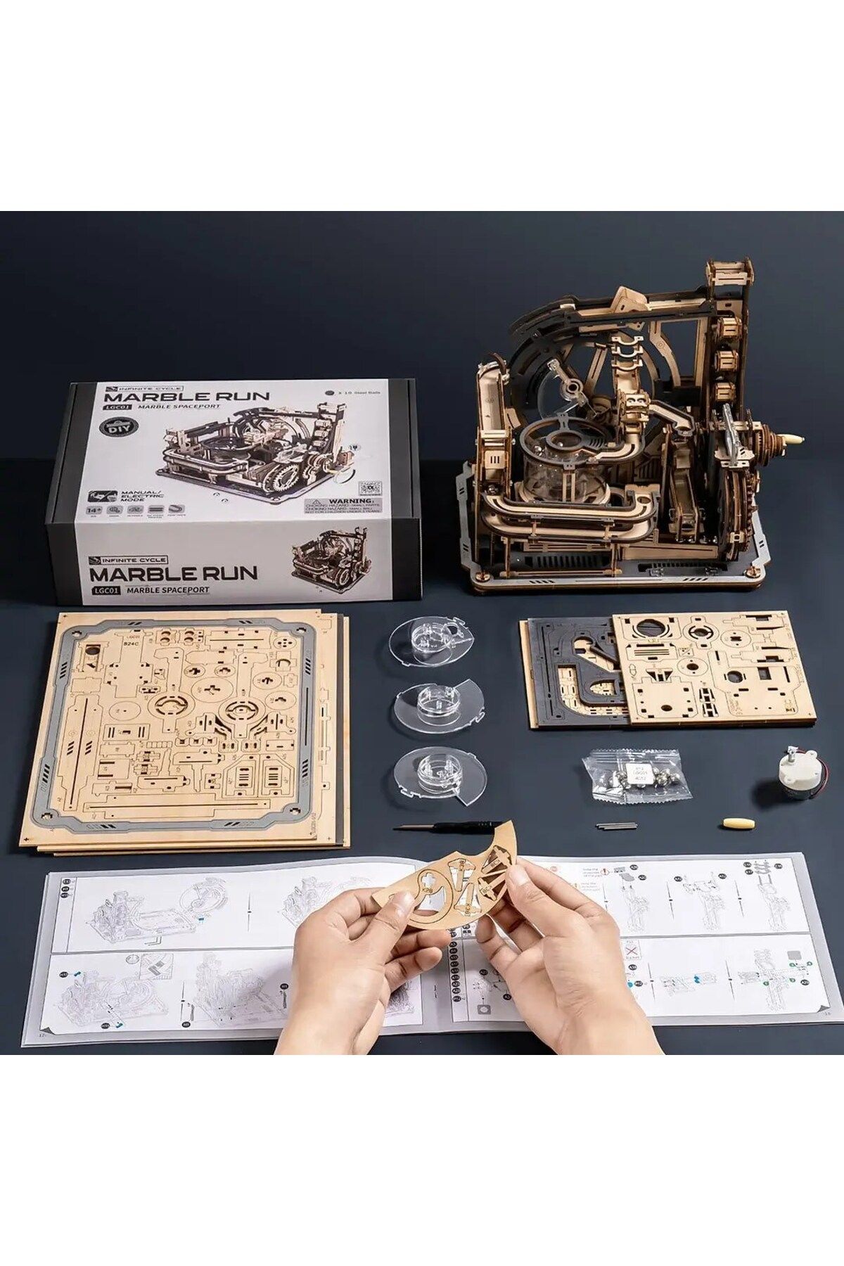 Robotime-Puzzle mecanic 3D din lemn, Marble Run Spacesport - 472 de piese 4