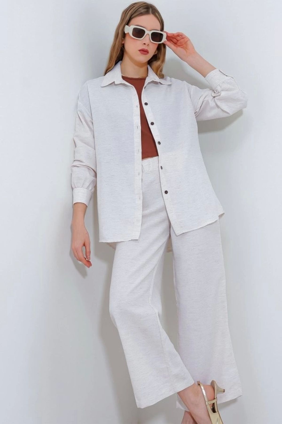 Butik T6624 Bol Paça Keten Alt Üst Takım - Krem