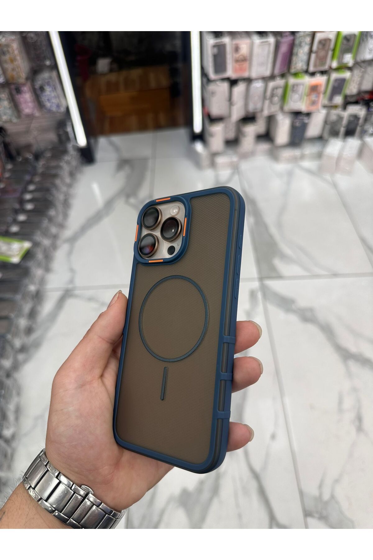HappyCase iPhone 16 Pro Max uyumlu Karbon Şeffaf Desenli Mat Tank Magsafe Kılıf - Lacivert