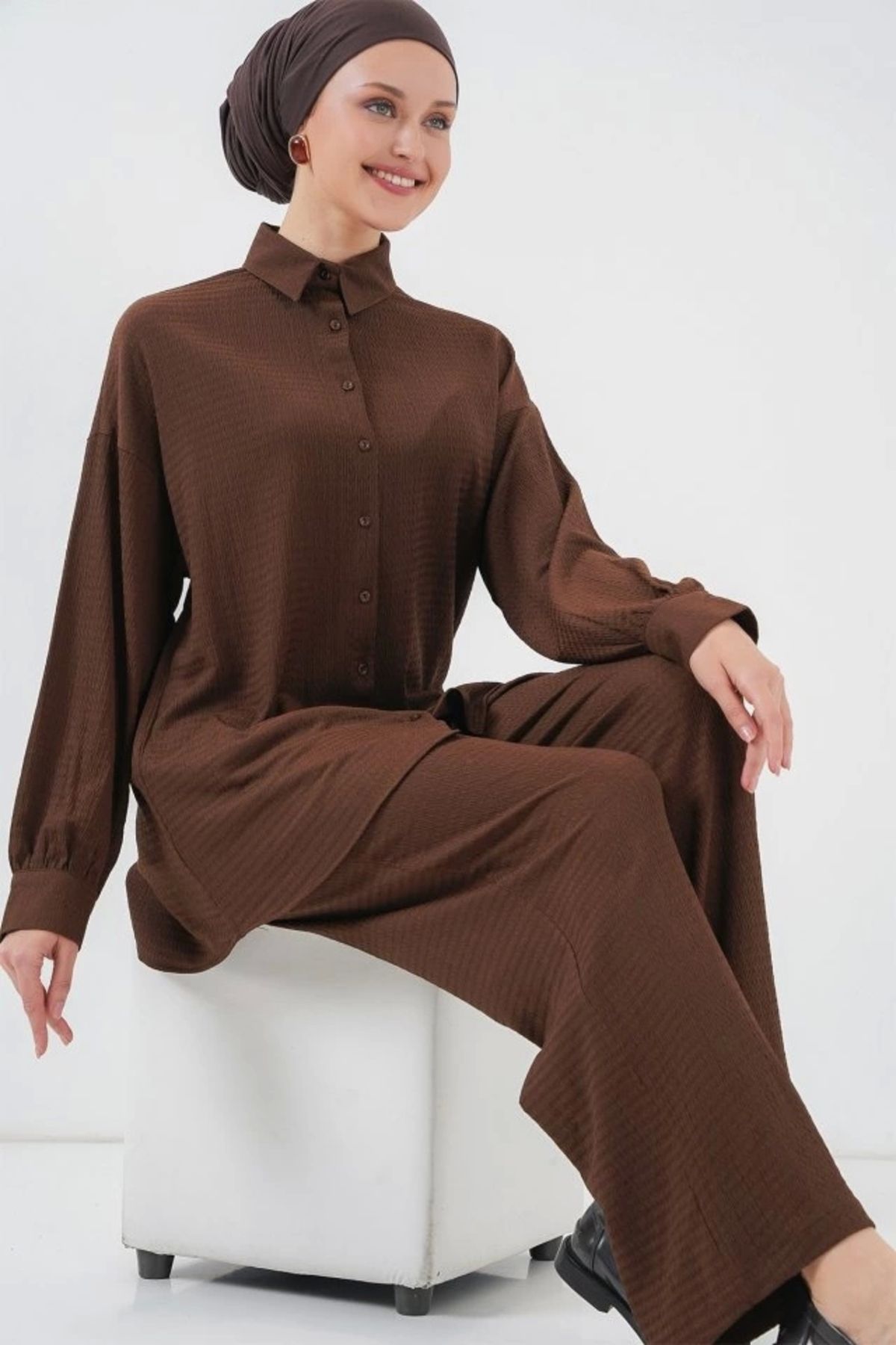 Butik Örme Tesettür Alt Üst Takım 6711 - Kahverengi
