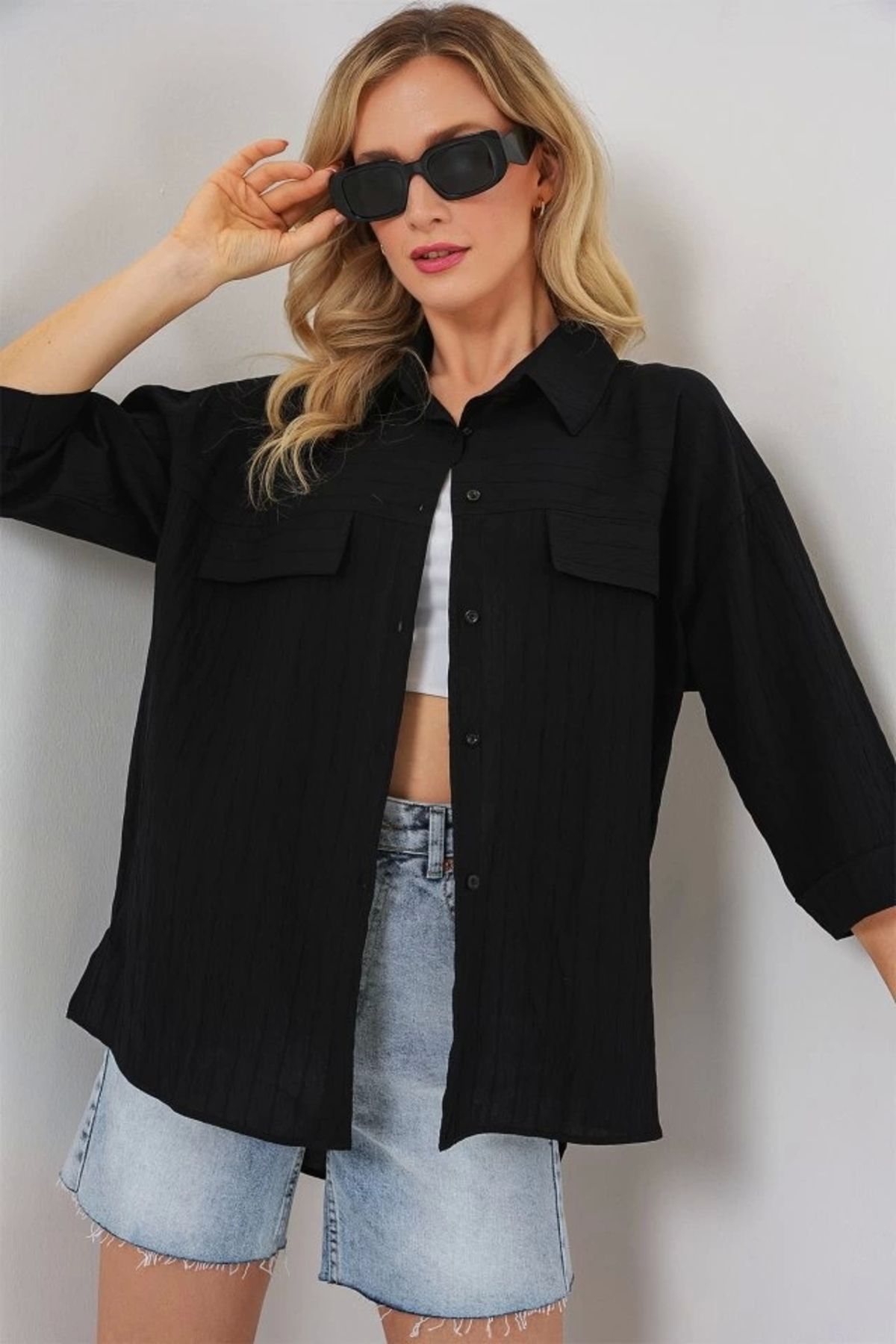 Butik Cep Detaylı Kısa Kol Gömlek 20317 - Siyah