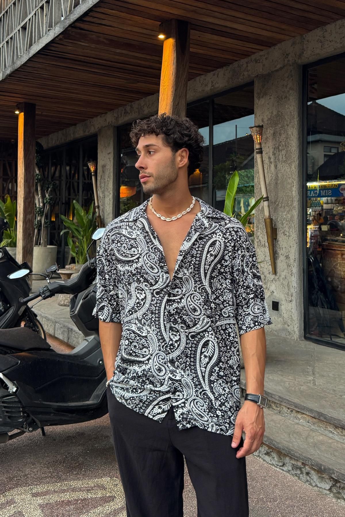 Flaw Wear Apaş Yaka Etnik Desen Kısa Kol Gömlek