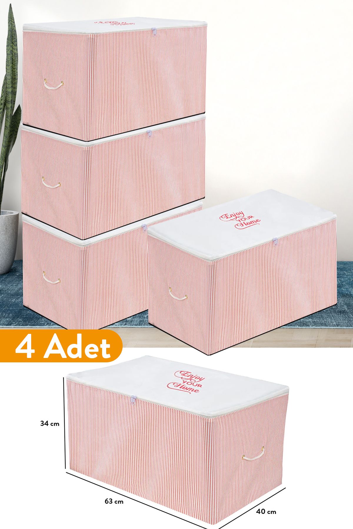teknotrust 4 Adet Orta Boy Pembe Çizgili Hurç, 63x40x34 cm, Şık ve Fonksiyonel Depolama Seti
