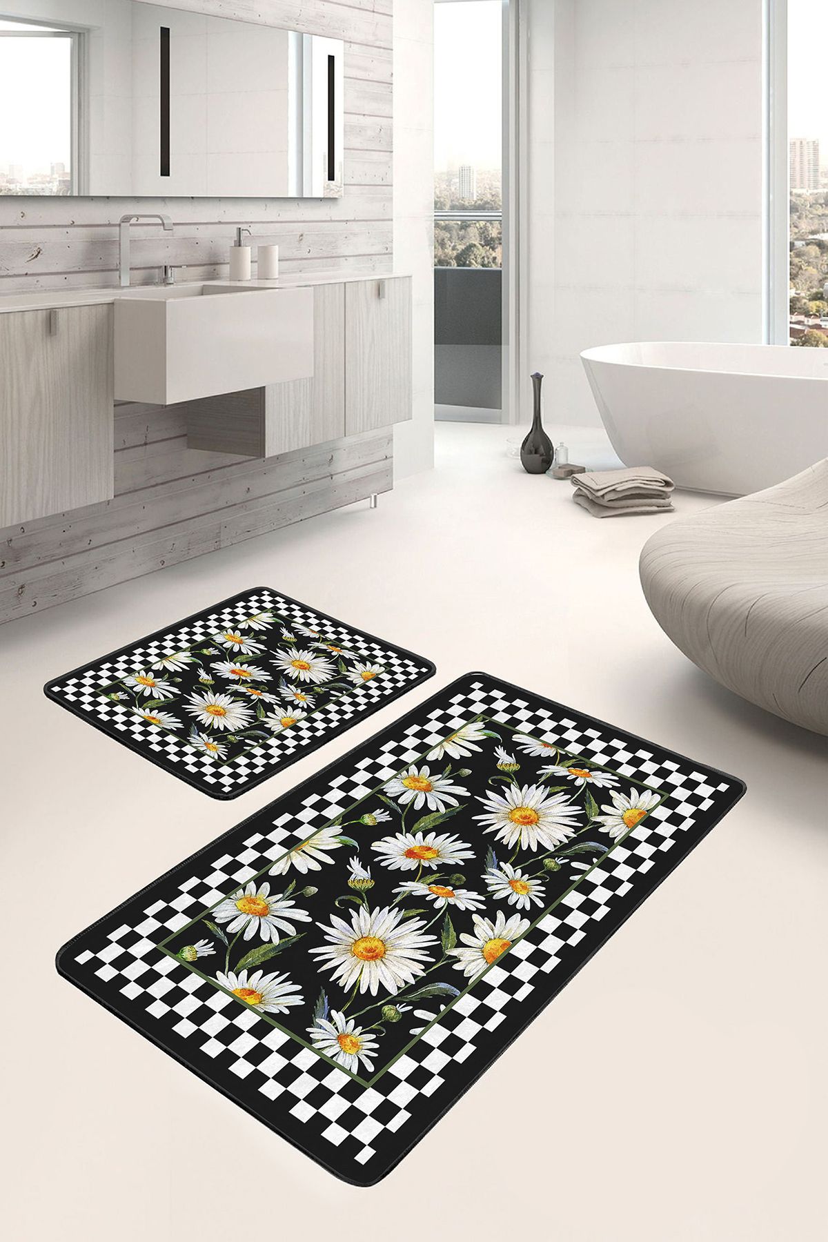 Realhomes Siyah - Beyaz Zeminde Çerçeveli Motifli Papatya Floral Sade & Şık 2'li Banyo & Mutfak Paspas Takımı