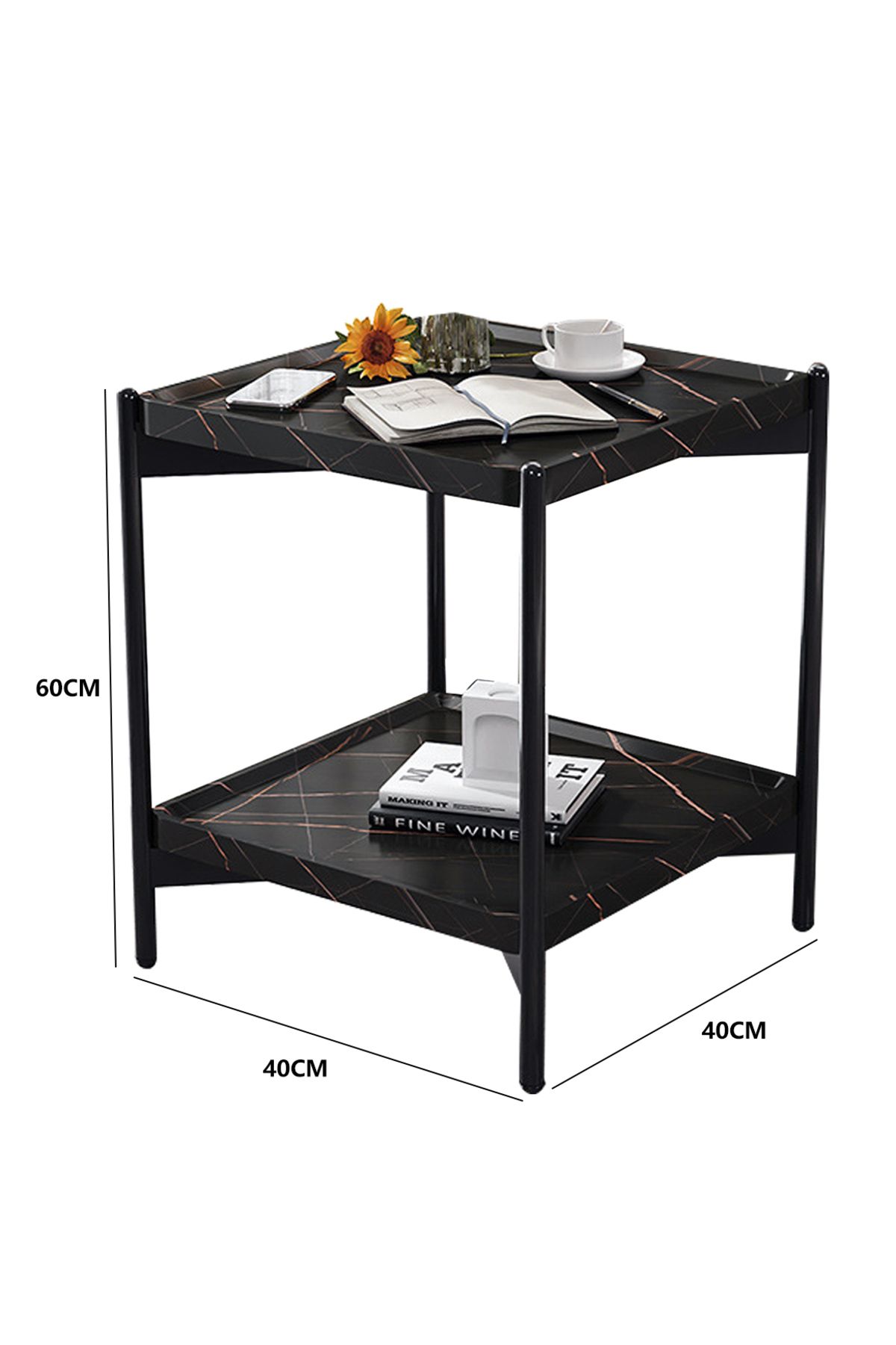 sharpdo-2 Layer Metal Frame Square Table, Sofa Side Table, Square Side Tables, 2-Tier Couch Wood End Table 7
