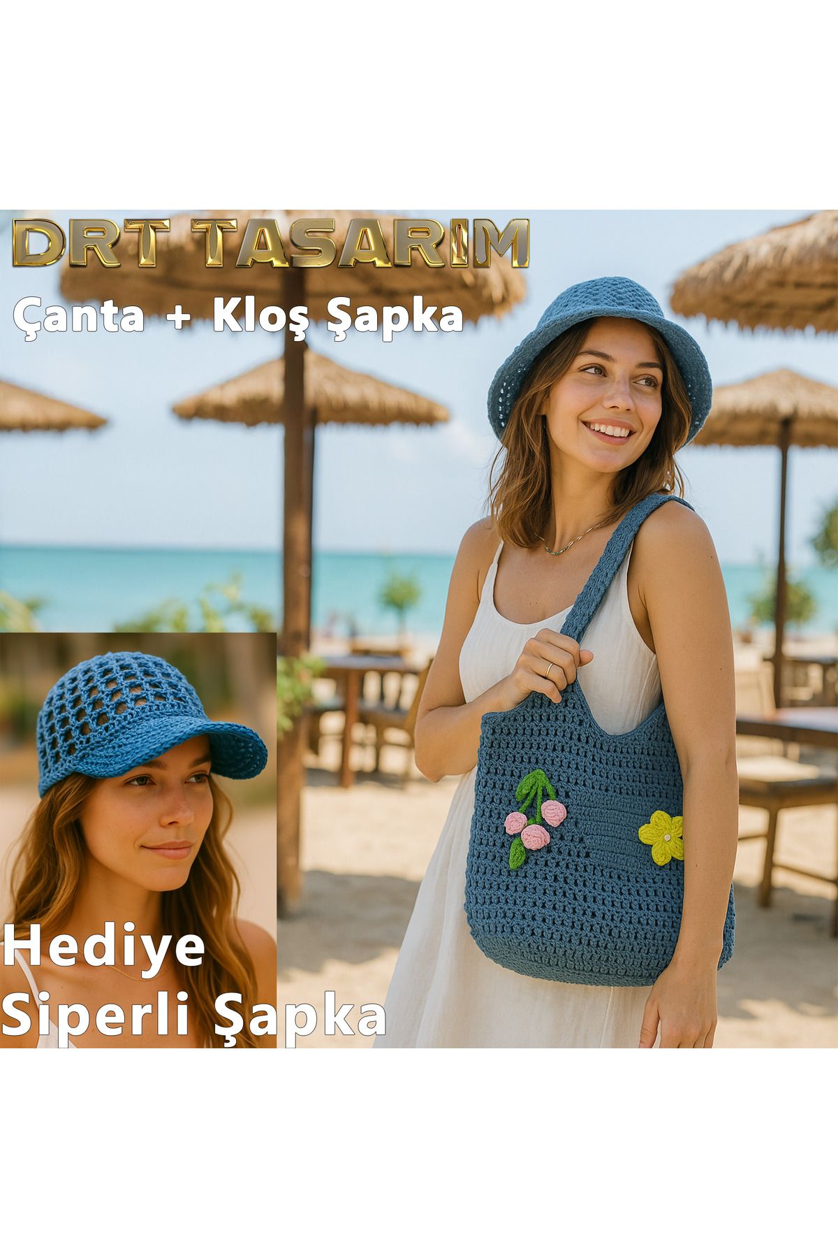 drt tasarım El Örgüsü Tığ İşi Mavi Denim Soft Makrome Çanta ve Kloş Şapka 2+1 parça