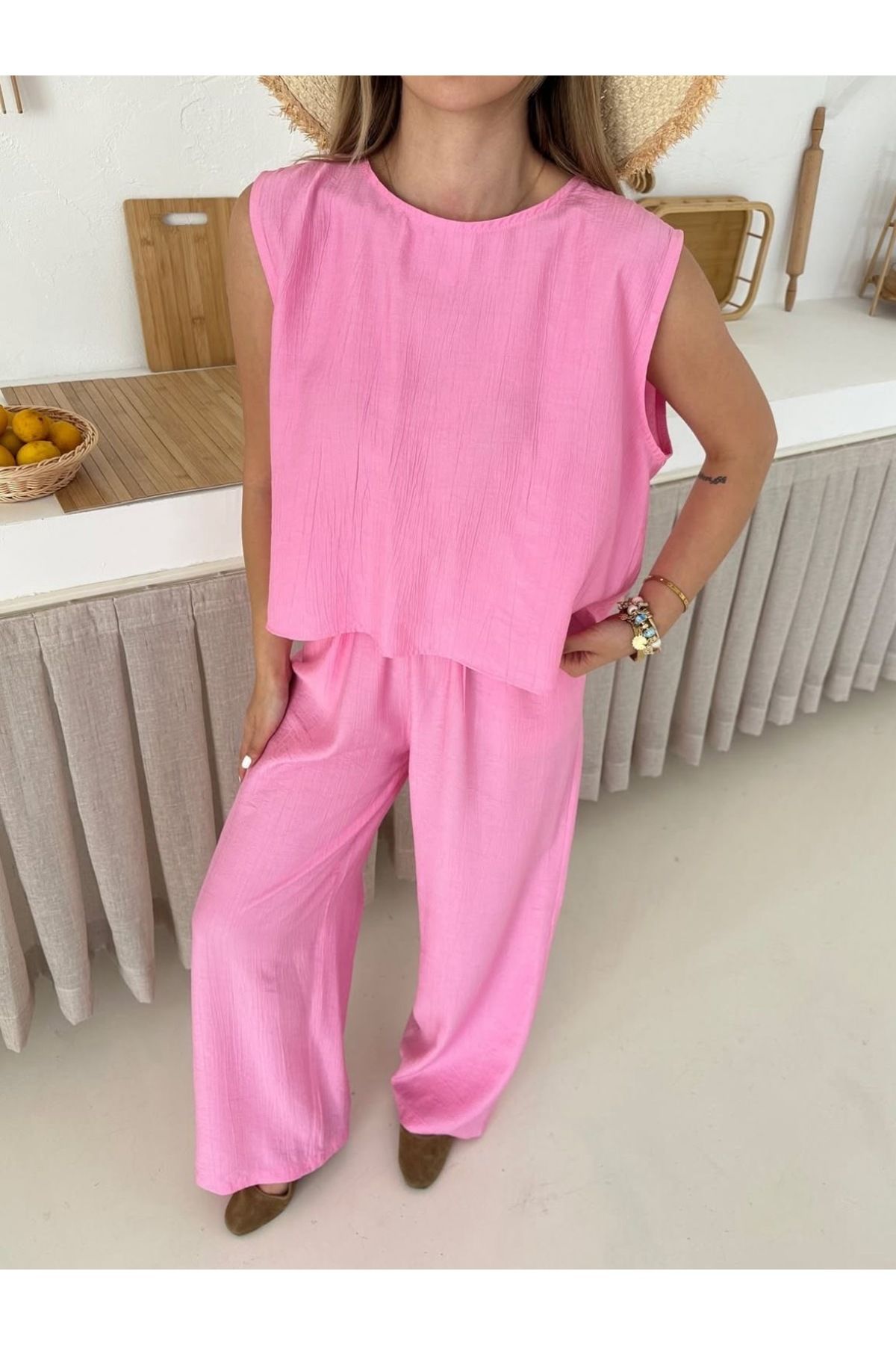 Ekim Store Sırtı Bağcıklı Gofre Bluz Pantolon Takım