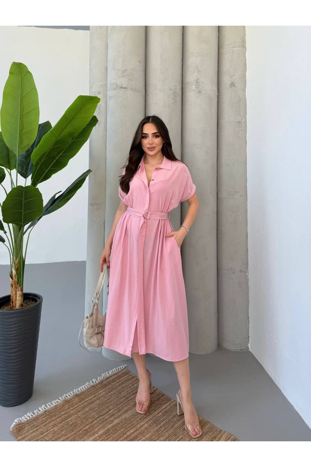 moda paketi Keten Midi Boy Elbise