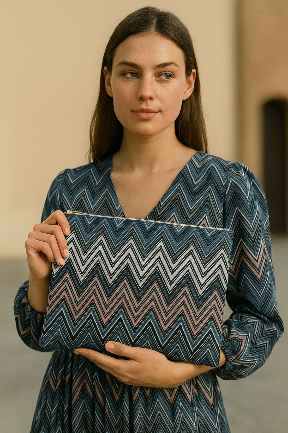 AHE Zigzag Desenli El Çantası - Jüt Kumaş Fermuarlı Clutch (33x24 cm)